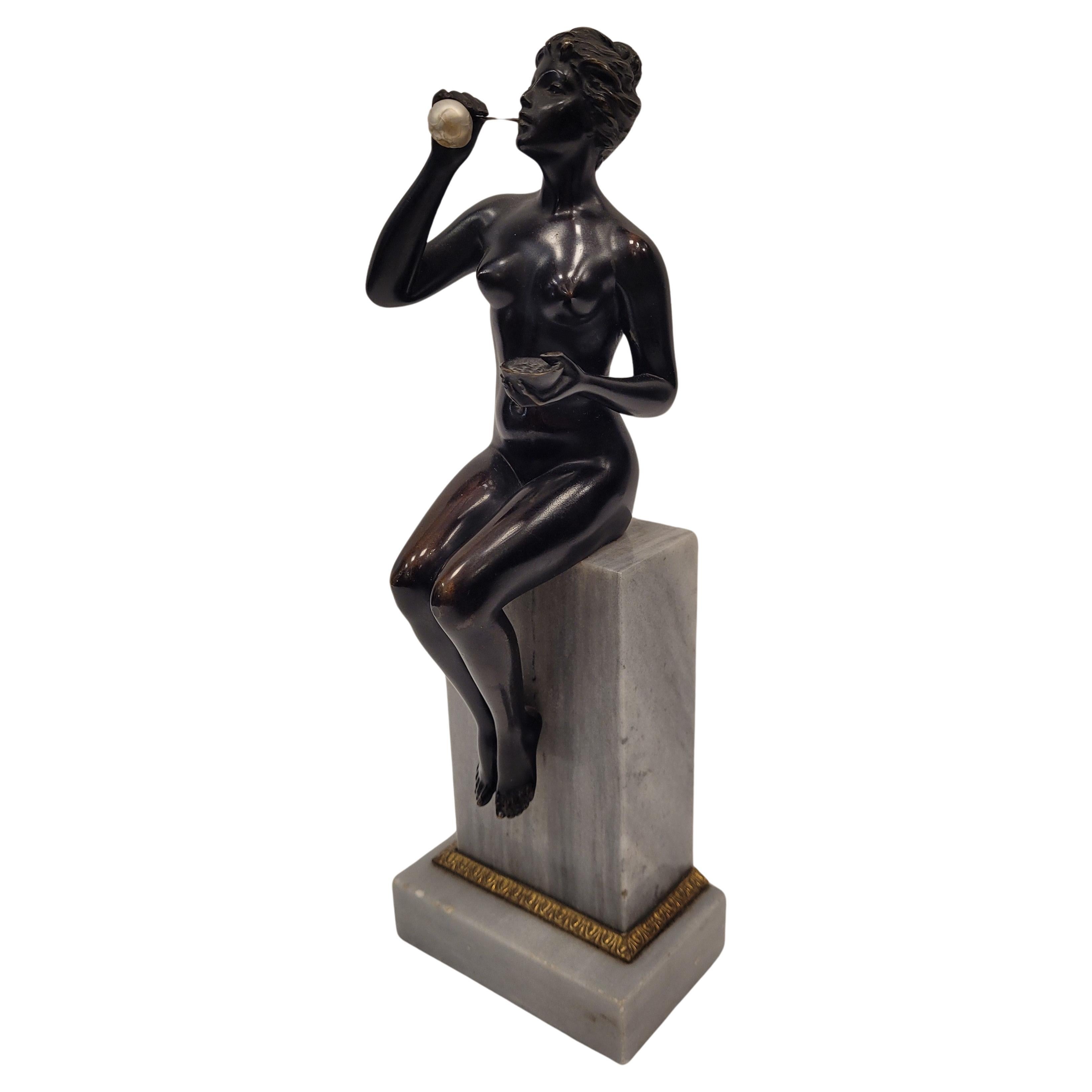 German Black Bronze white marble Art Nouveau sculpture, woman blowing bubles For Sale