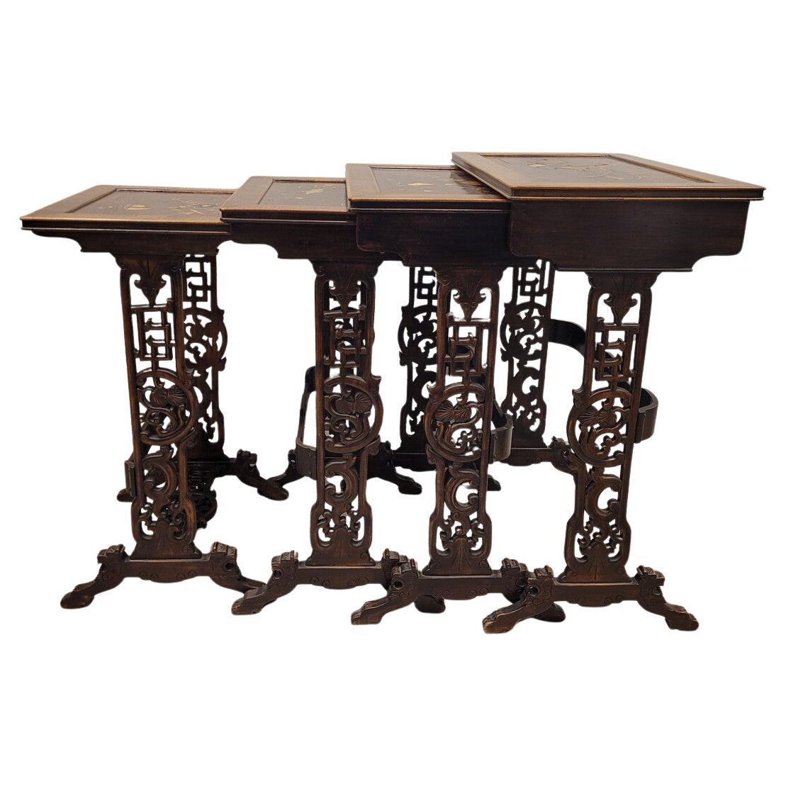 Extraordinary and one of a kind set of nesting tables with decoration following late 19th century Japanese style, attributed to the renowned  French artist Gabriel-Frédéric Viardot (1830 - 1906).
The tables have decorations of turtles, rats, bonsais