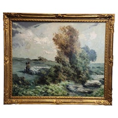 Olio impressionista su tela. Paesaggio verde con pastore. Ricard Arenys Galdón