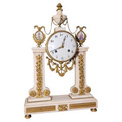 Table clock, white marble , ormolu, ceramic, Directoire style, - France
