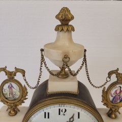 Table clock, white marble , ormolu, ceramic, Directoire style, - France