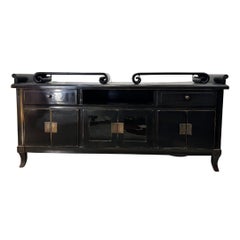 Oriental sideboard cabinet, lacquered wood with woodblock-style engraved pulls