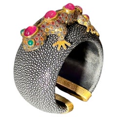 Art Nouveau Open cuff bracelet galuchat . rubies 925 silver vermeil , tourmaline