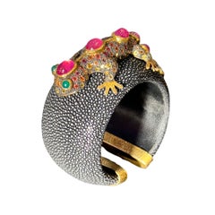Art Nouveau Open cuff bracelet galuchat . rubies 925 silver vermeil , tourmaline
