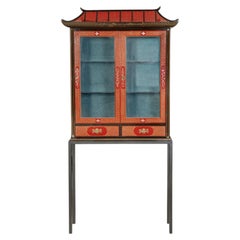 Antique Chinese display cabinet style pagoda red and black lacquer hardstones