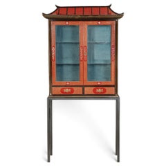 Antique Chinese display cabinet style pagoda red and black lacquer hardstones