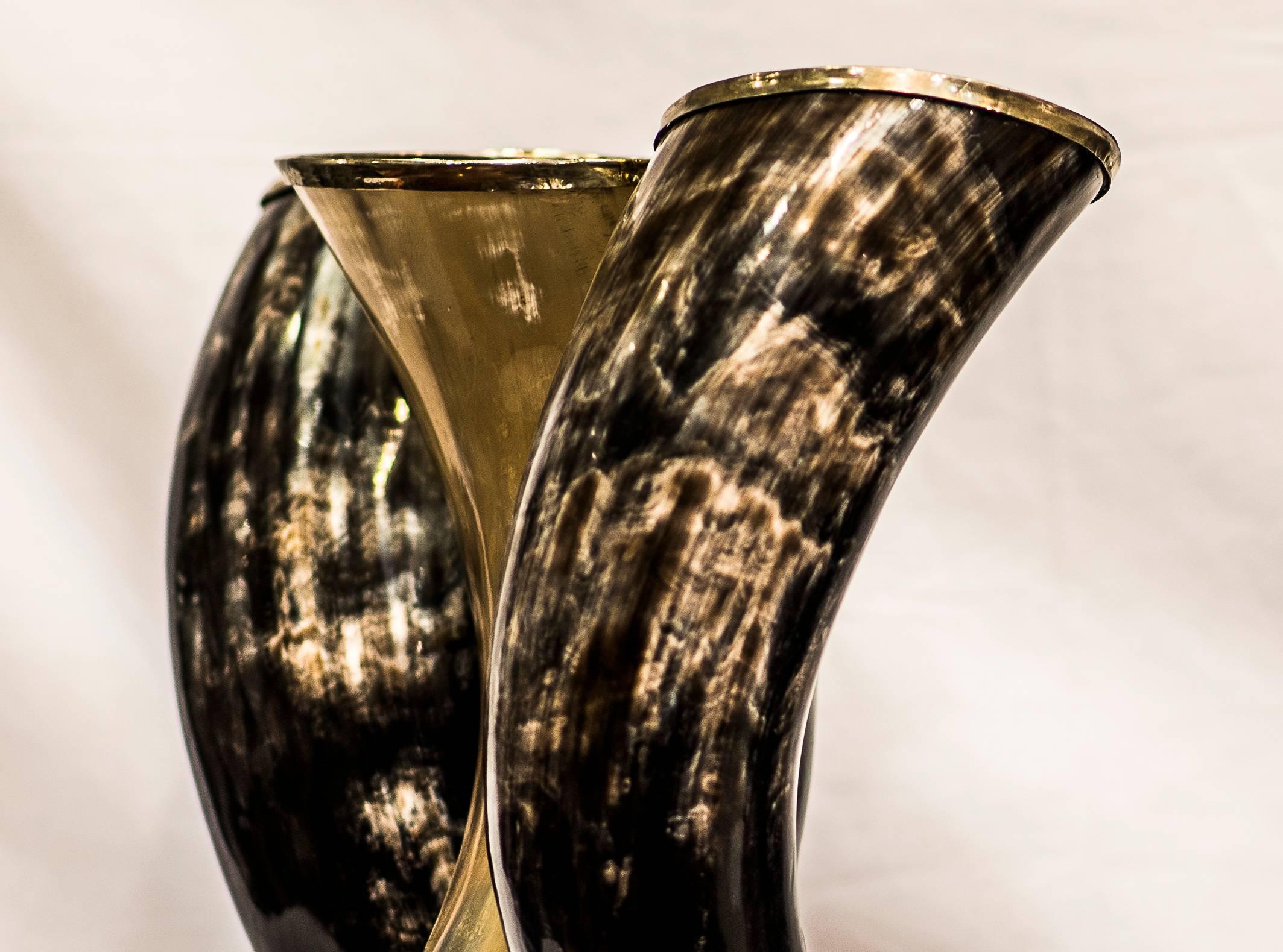 Midcentury Buffalo Horns with Silver Vases  In Excellent Condition In Valladolid, ES
