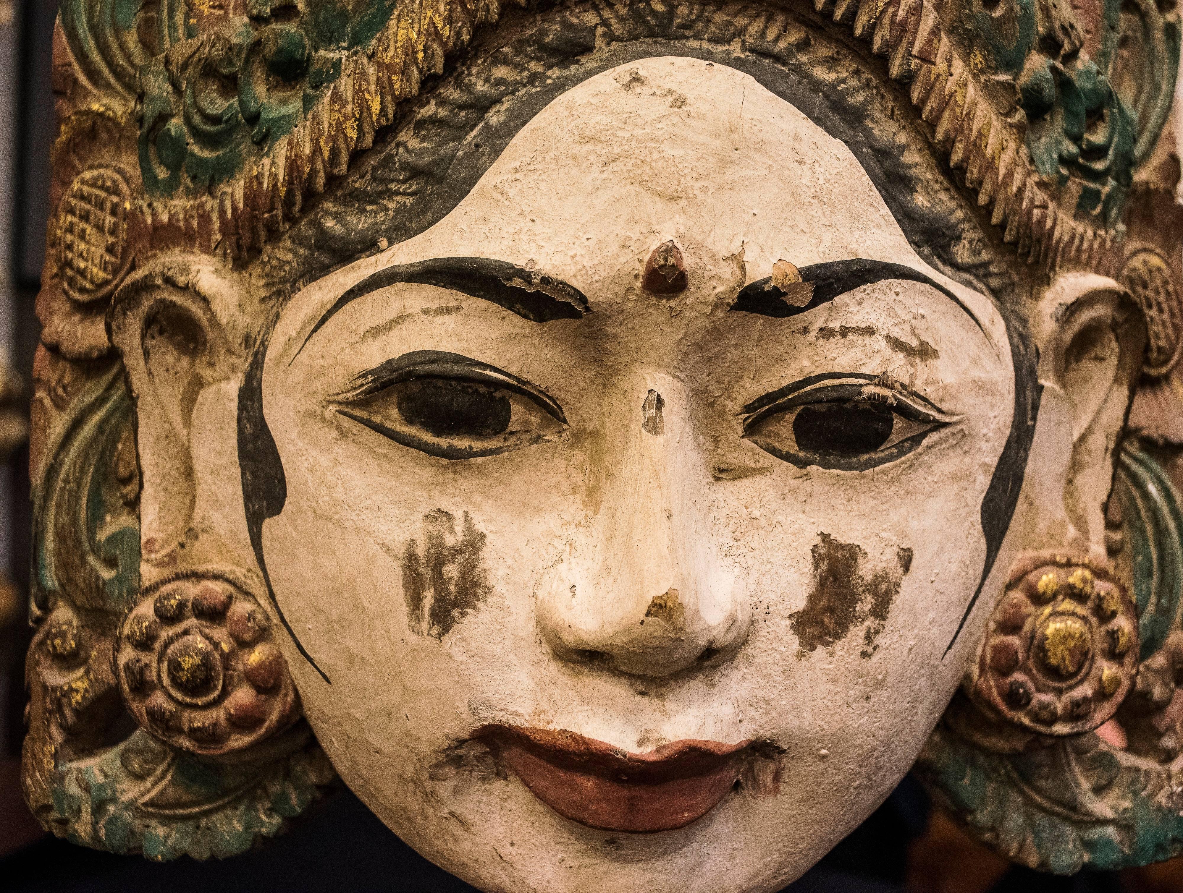 Folk Art Thai Mask, Carved and Polychrome Wood, Female Mask, 20th Century
