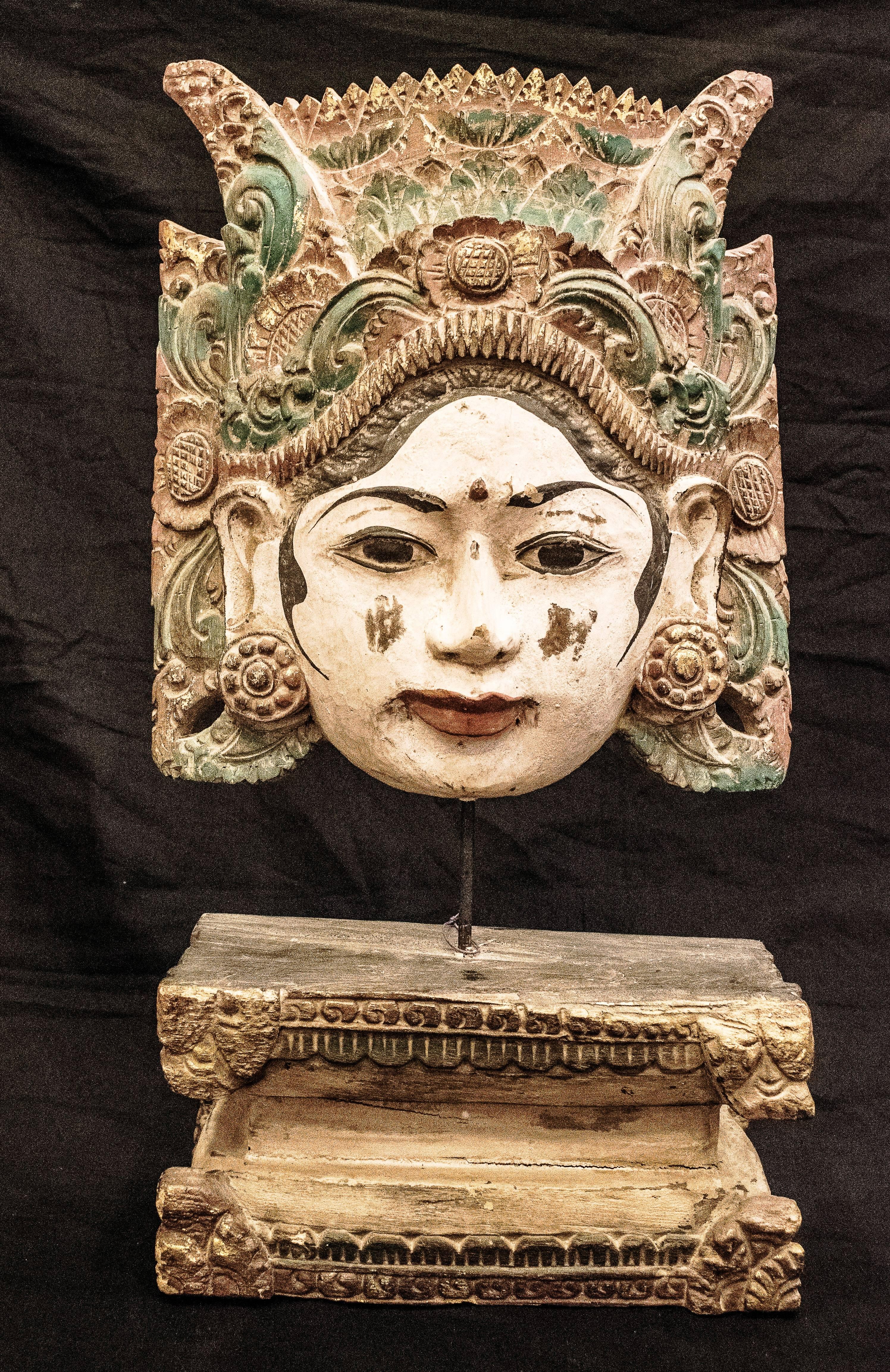 French Thai Mask, Carved and Polychrome Wood, Female Mask, 20th Century