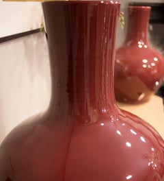1980s Chinese Porcelain Couple of Midcentury Red Vases "Sang of Boeuf"