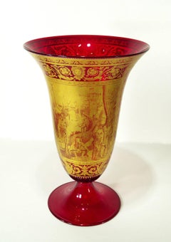 Early 20th Century Venetian Ruby Glass Vase with Gold Motifs, circa 1911