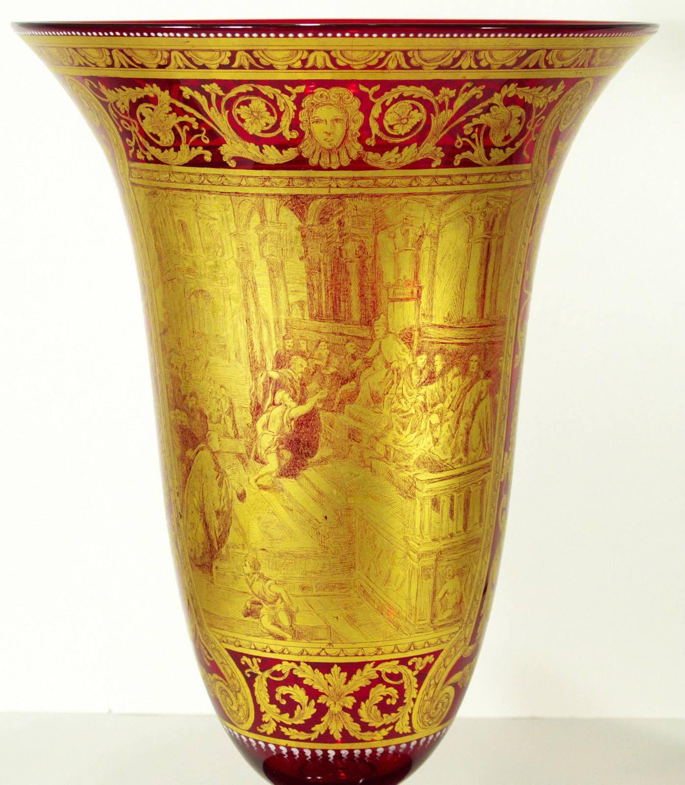 Art Nouveau Early 20th Century Venetian Ruby Glass Vase with Gold Motifs, circa 1911 For Sale
