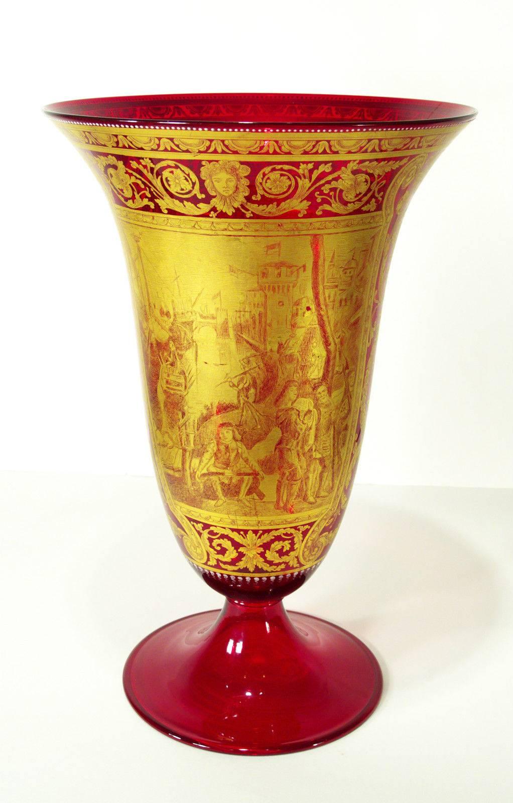 Italian Early 20th Century Venetian Ruby Glass Vase with Gold Motifs, circa 1911 For Sale