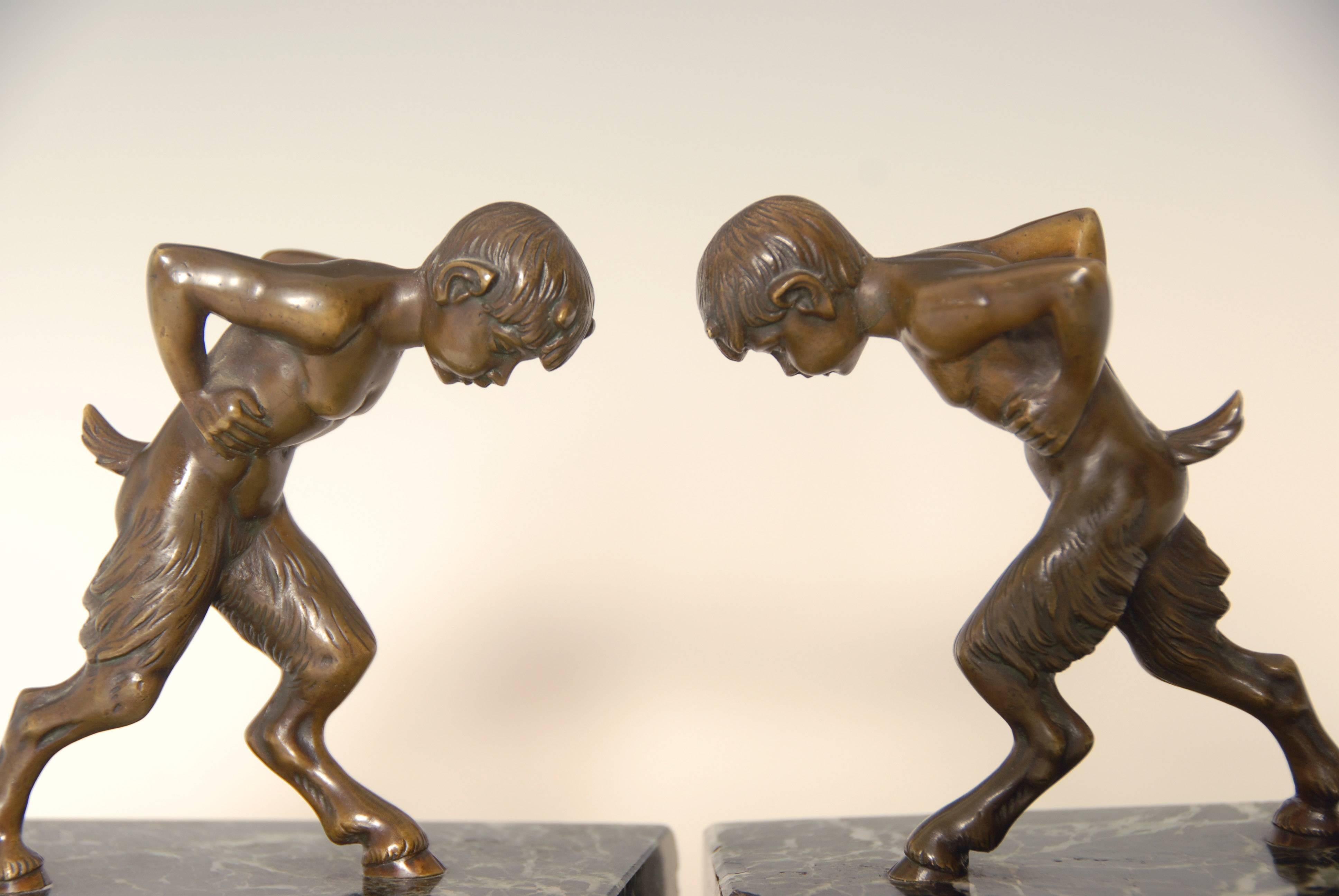 Art Deco Pair of Half Boy, Half Goat or Satyr Bronze on Marble Bookends In Good Condition In Brighton, GB