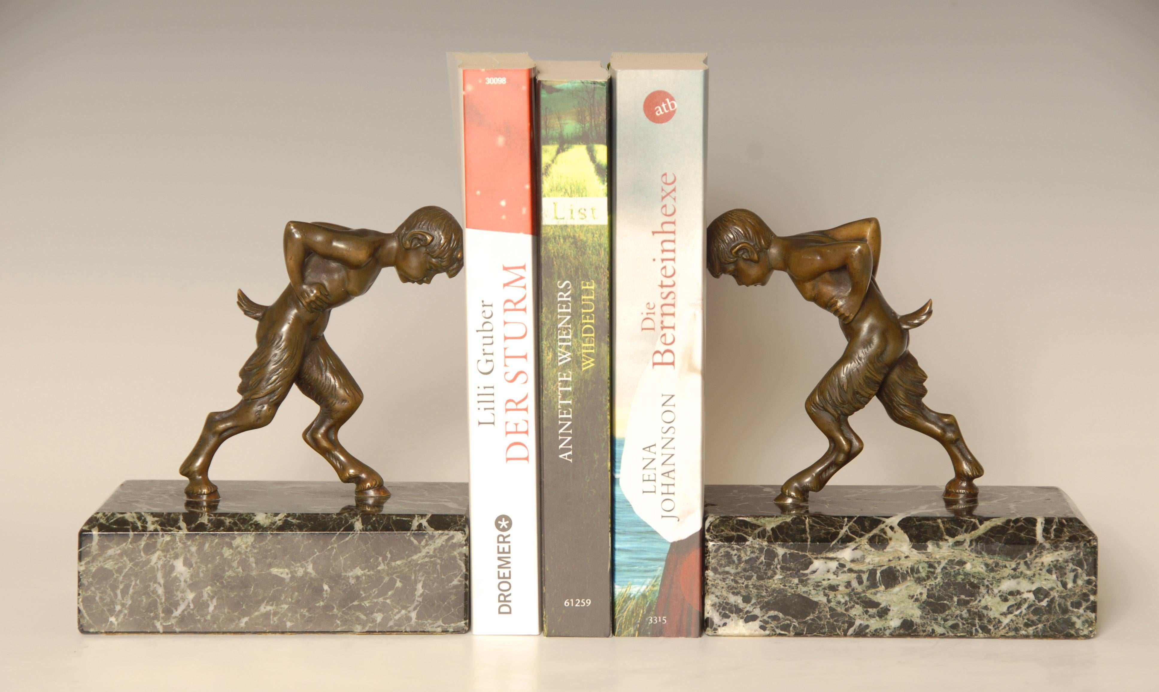 Art Deco Pair of Half Boy, Half Goat or Satyr Bronze on Marble Bookends 2