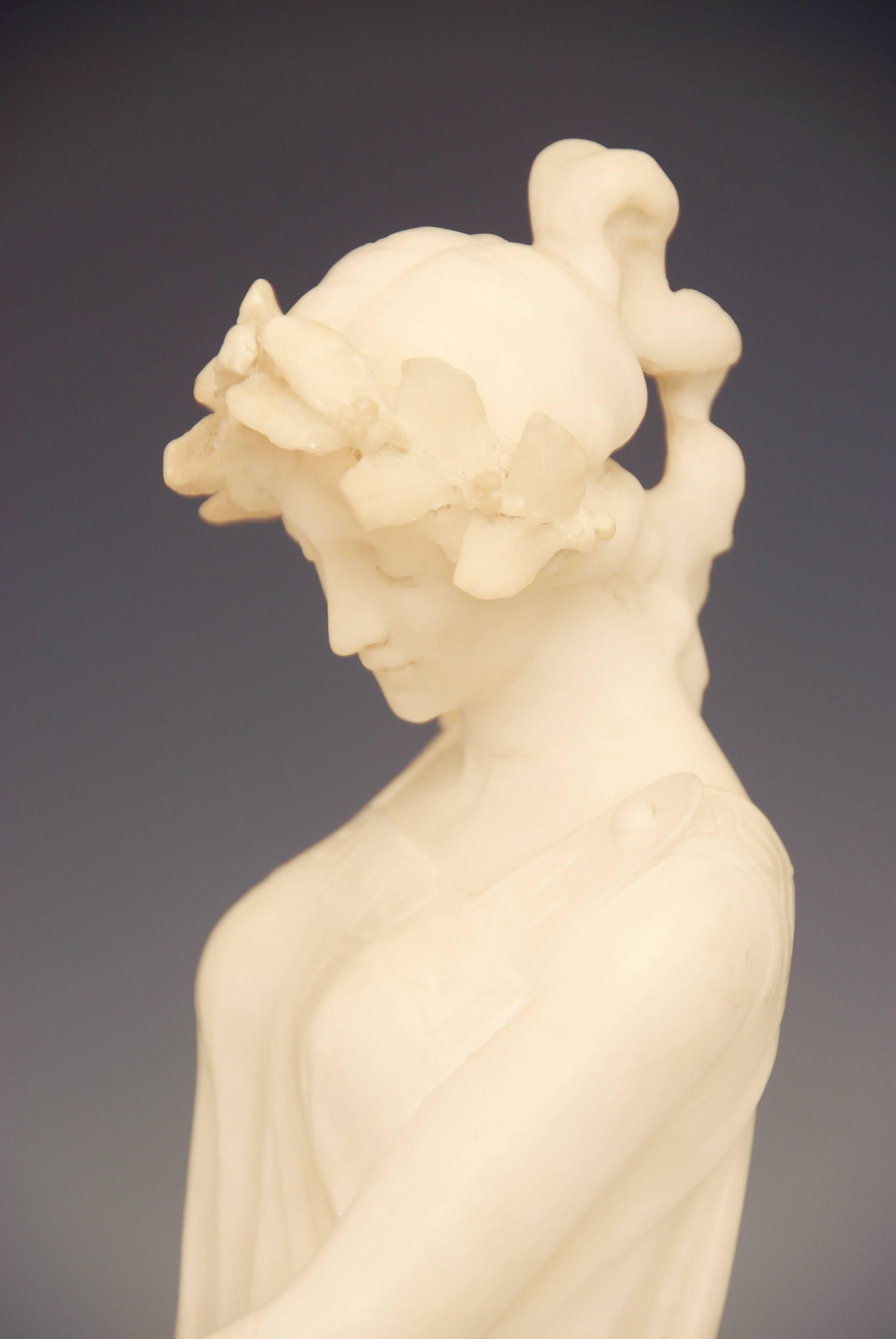 Early 20th Century Italian Carved Alabaster Art Nouveau Statue of a Muse Holding a Lyre by Luchini