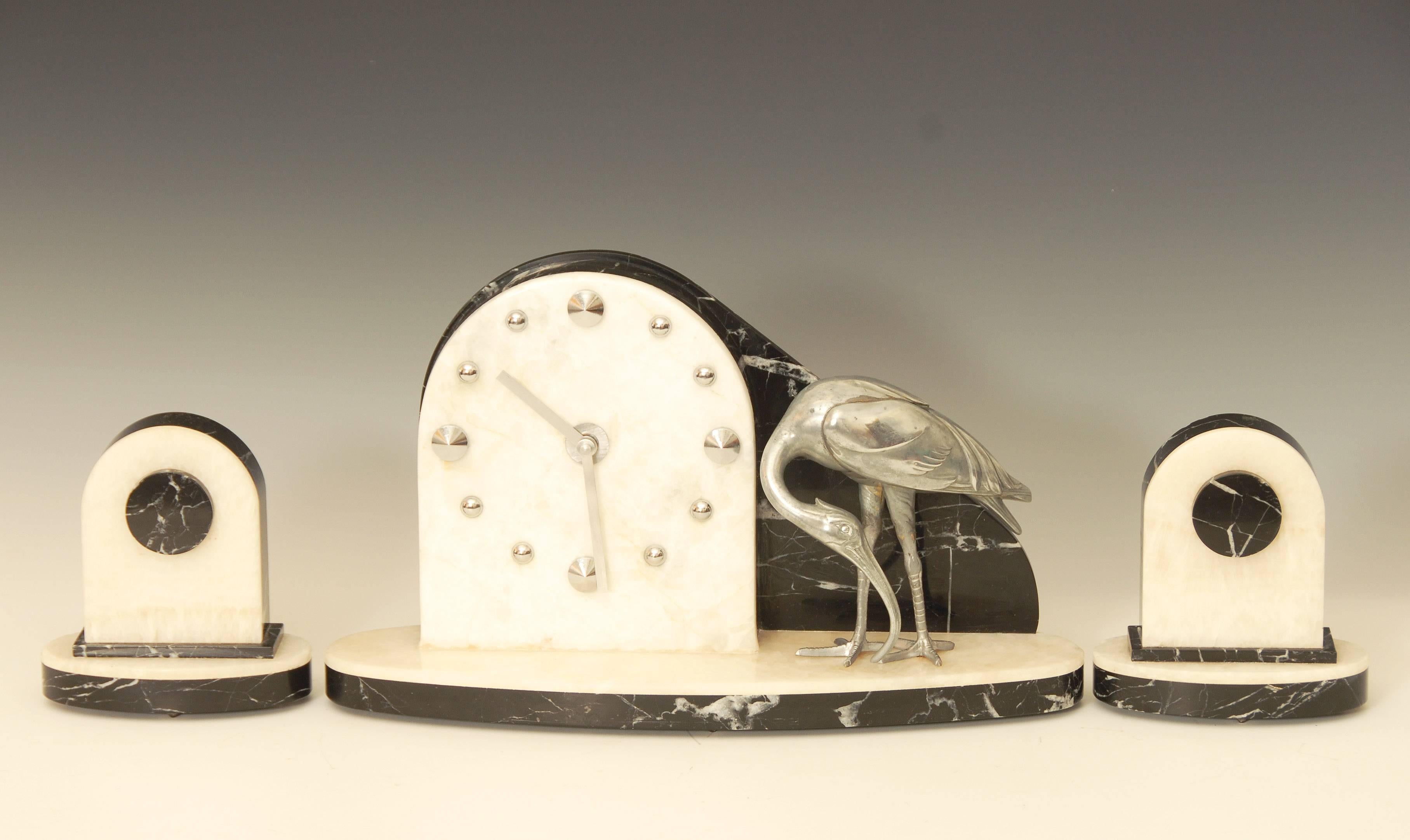 French Art Deco Modernist Clock with Matching Garniture Set