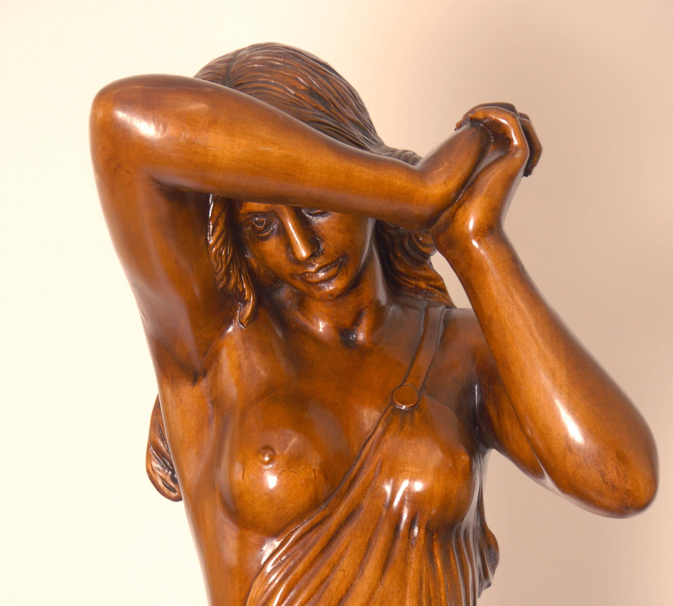 Wood Art Nouveau Sculpture of a Semi Naked Female For Sale
