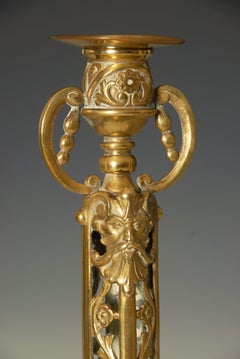 Pair of Brass Victorian Candlesticks with Satanic Faces by William Tonks and Son