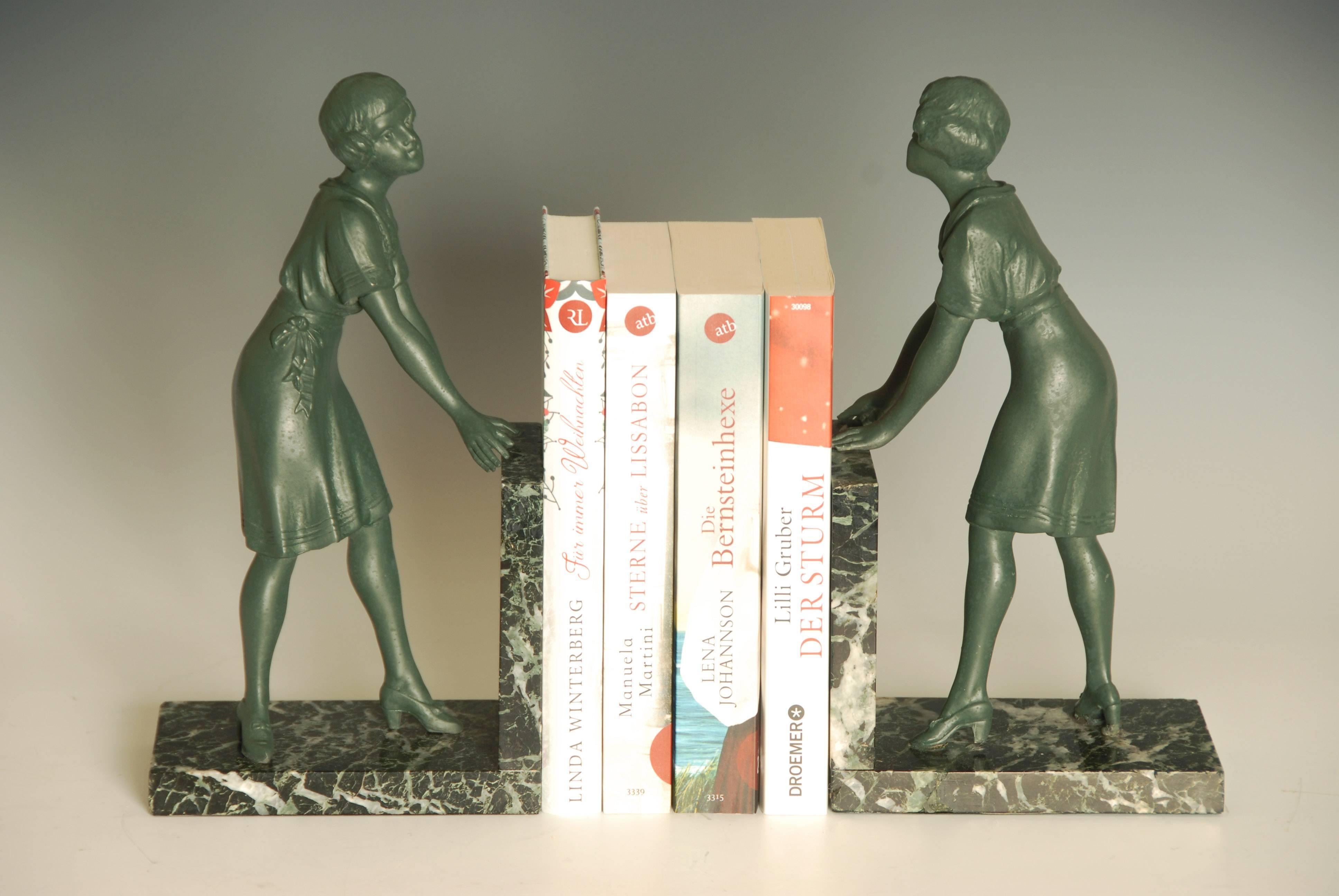 20th Century Pair of Art Deco Green Patinated Metal on Marble Bookends