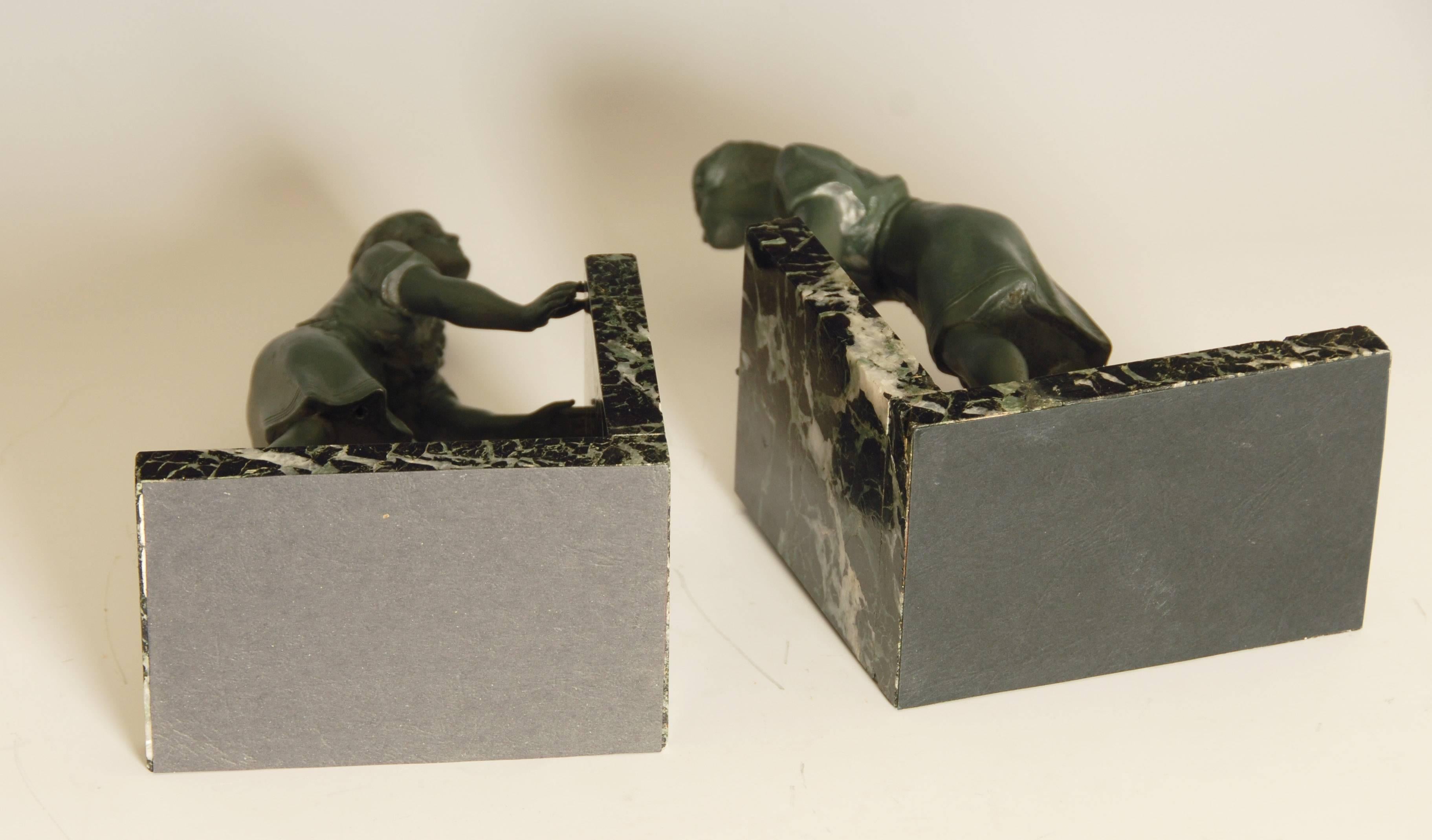 Pair of Art Deco Green Patinated Metal on Marble Bookends 5