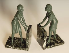 Pair of Art Deco Green Patinated Metal on Marble Bookends
