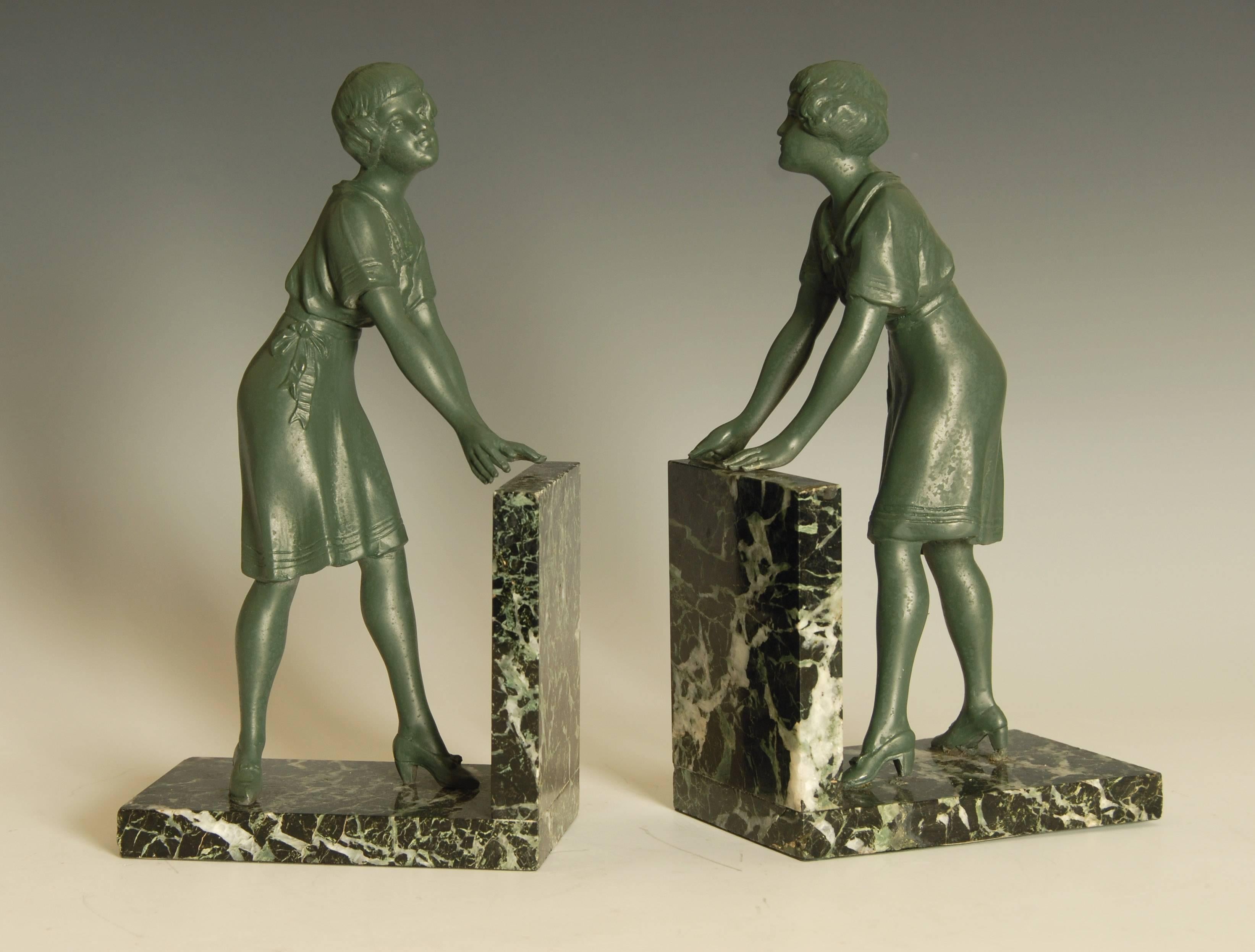 French Pair of Art Deco Green Patinated Metal on Marble Bookends