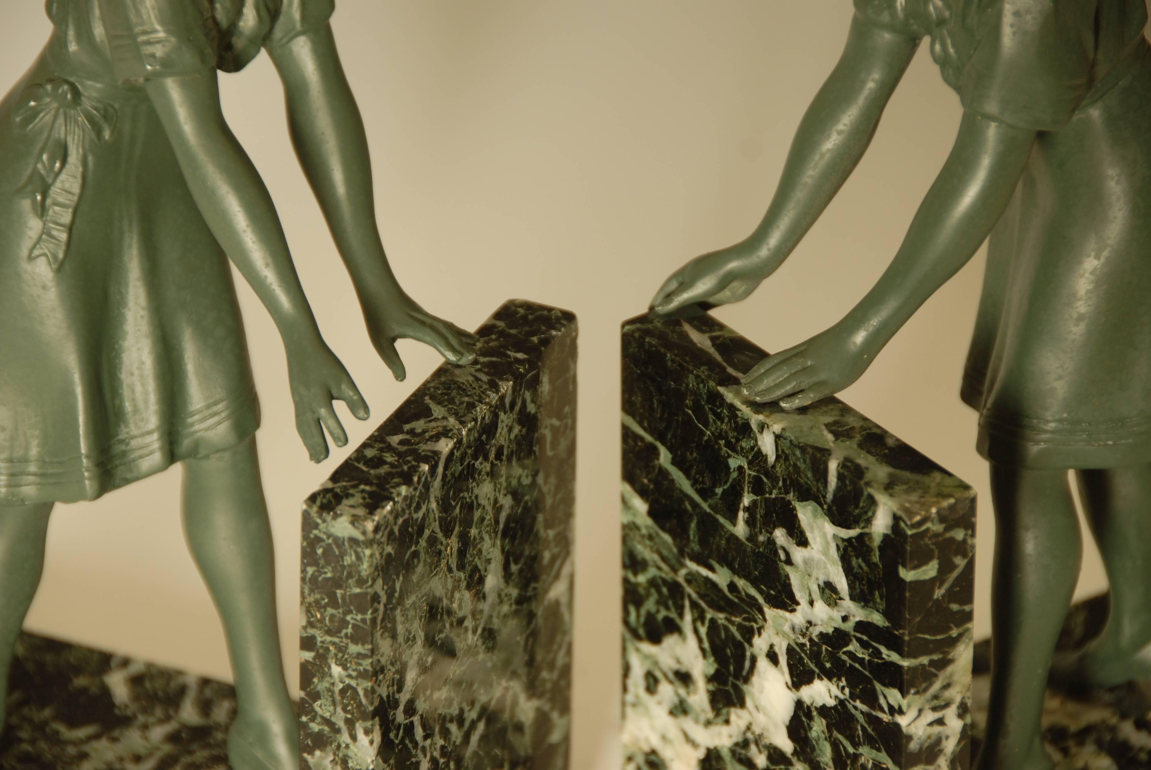 Pair of Art Deco Green Patinated Metal on Marble Bookends 4