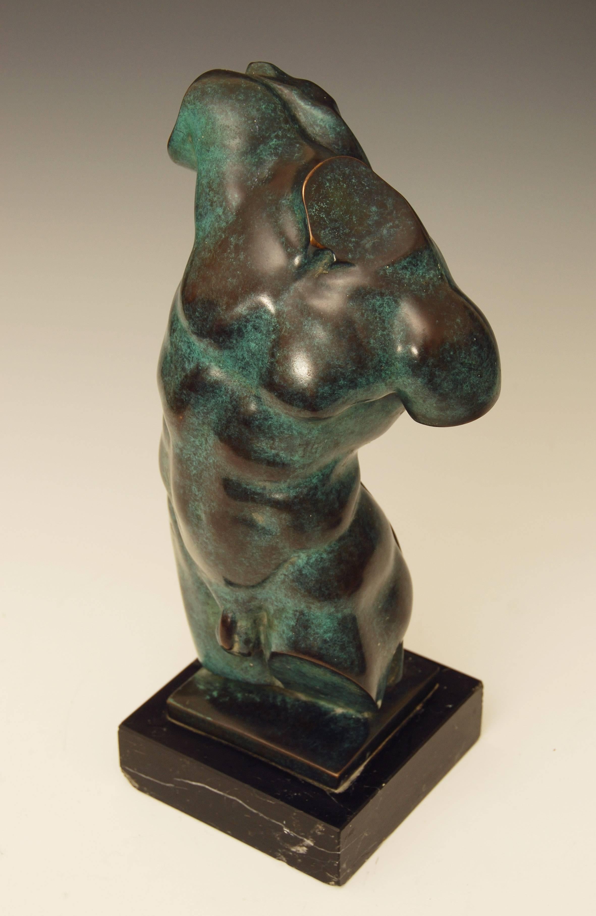 Italian Classical Patinated Bronze Male Torso Sculpture on Marble Base, 20th Century