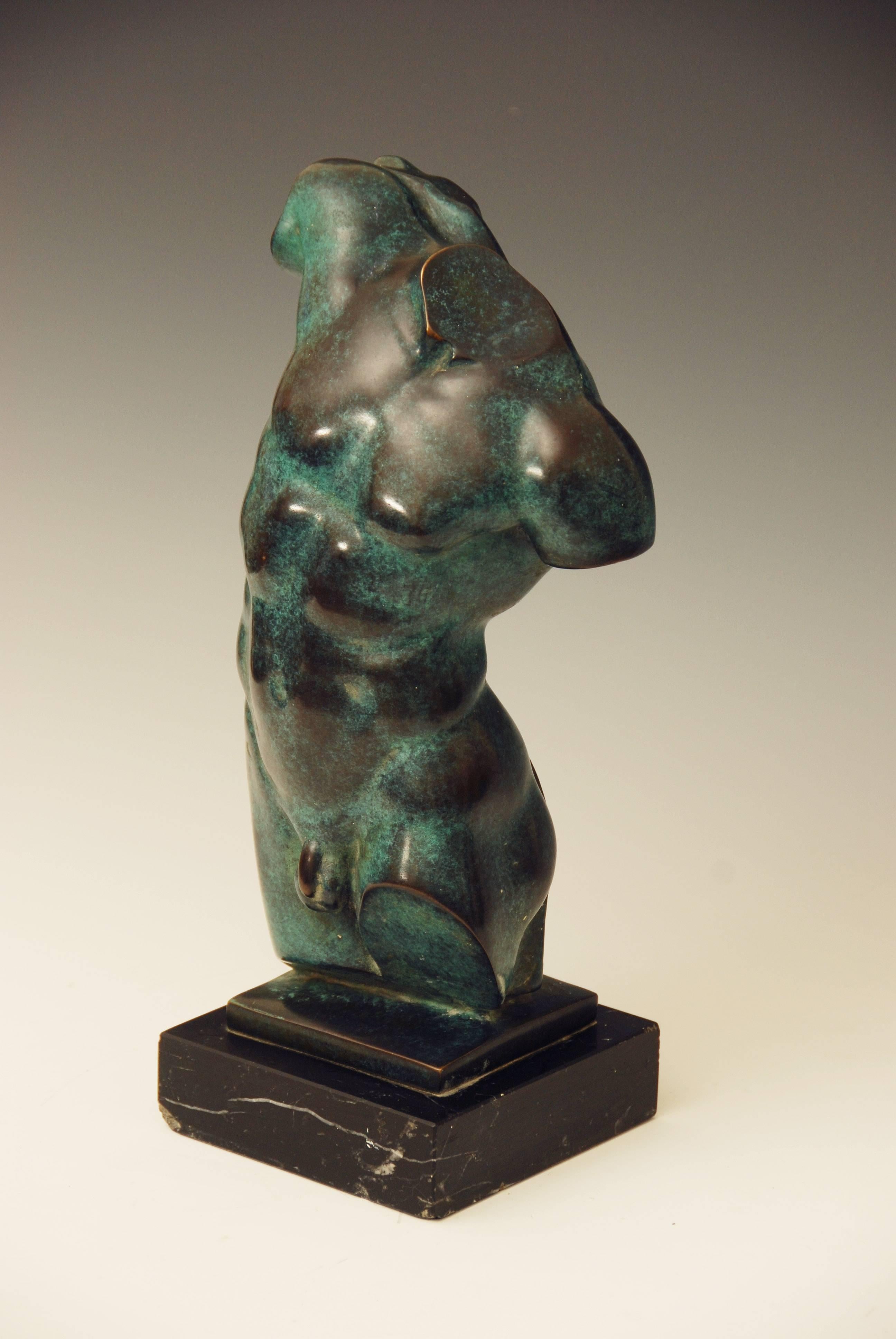 Classical patinated bronze male torso sculpture on marble base, 20th century.
Italian, probably from circa 1970.
Very solid heavy piece, weighing 10 kilos or 22 lbs.
Measures: 15 inches high.