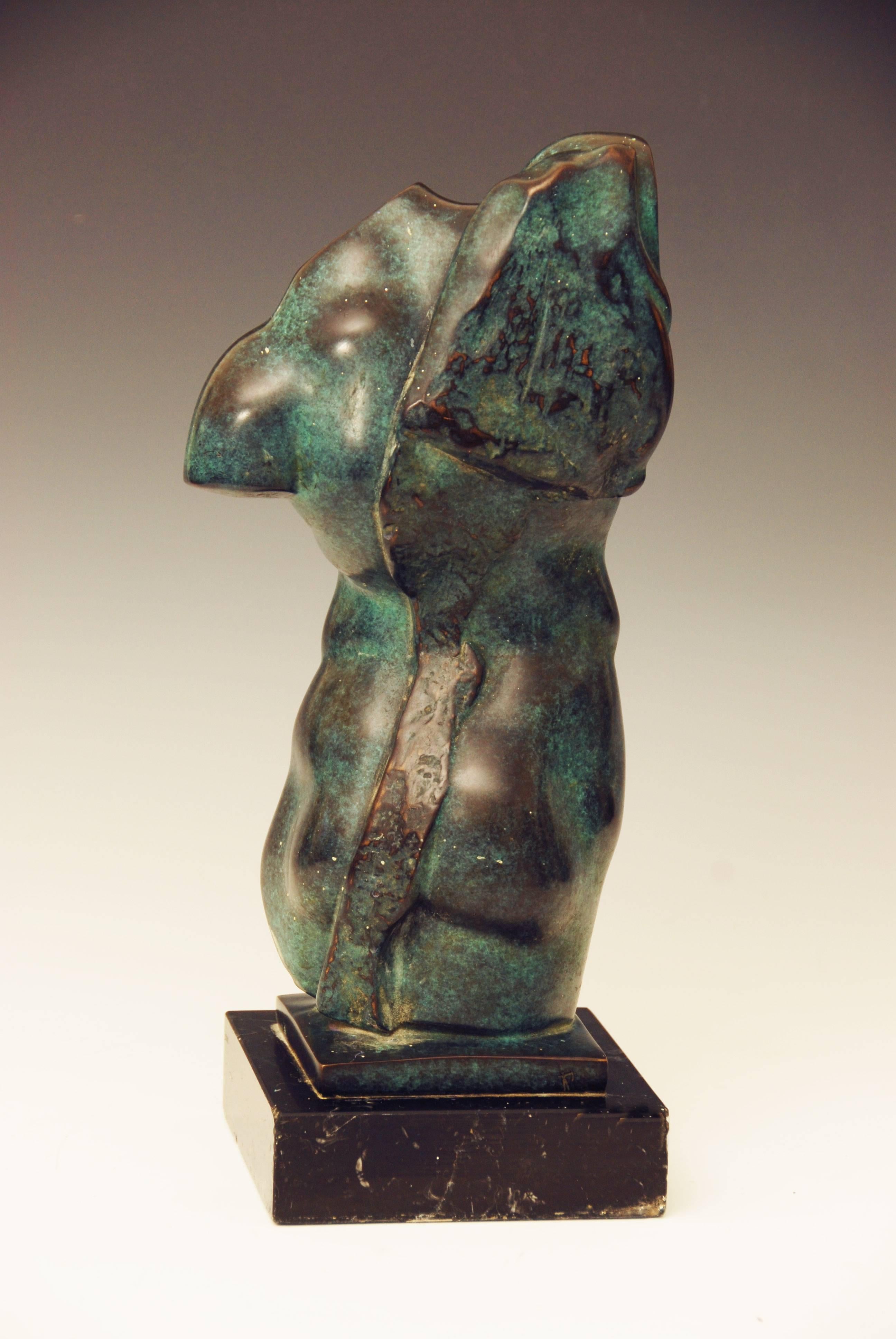 Classical Greek Classical Patinated Bronze Male Torso Sculpture on Marble Base, 20th Century