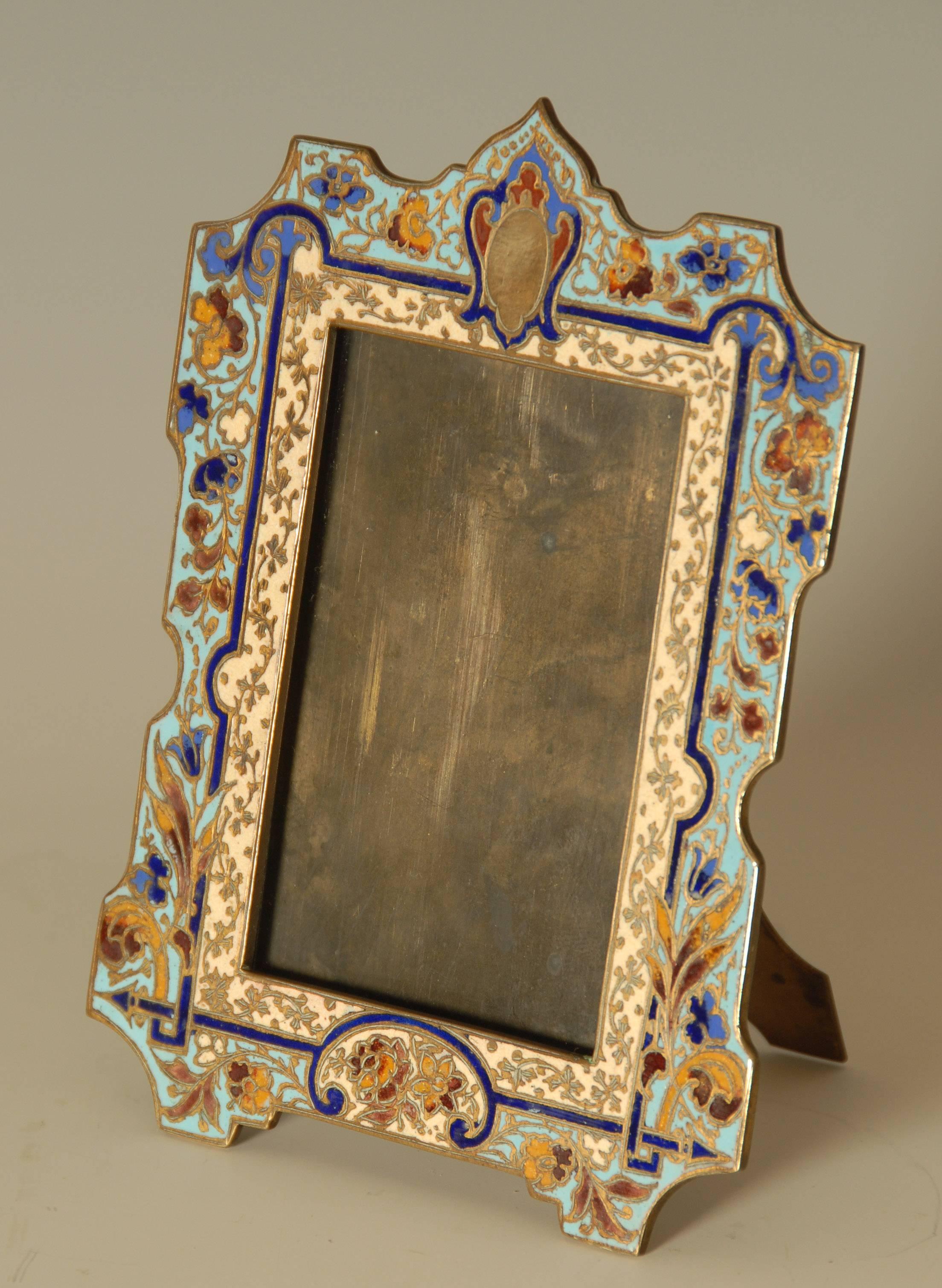 Antique French Champlevé Enamel on Gilt Brass Picture Frame In Excellent Condition For Sale In Brighton, GB