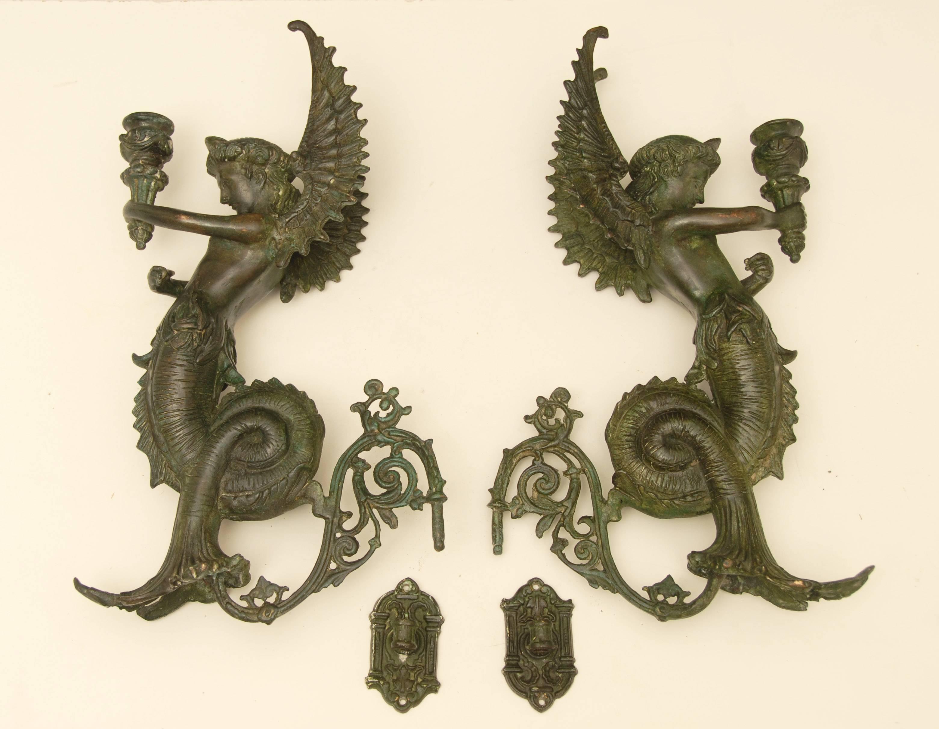 Late 19th Century Pair of Bronze Wall Sconces For Sale