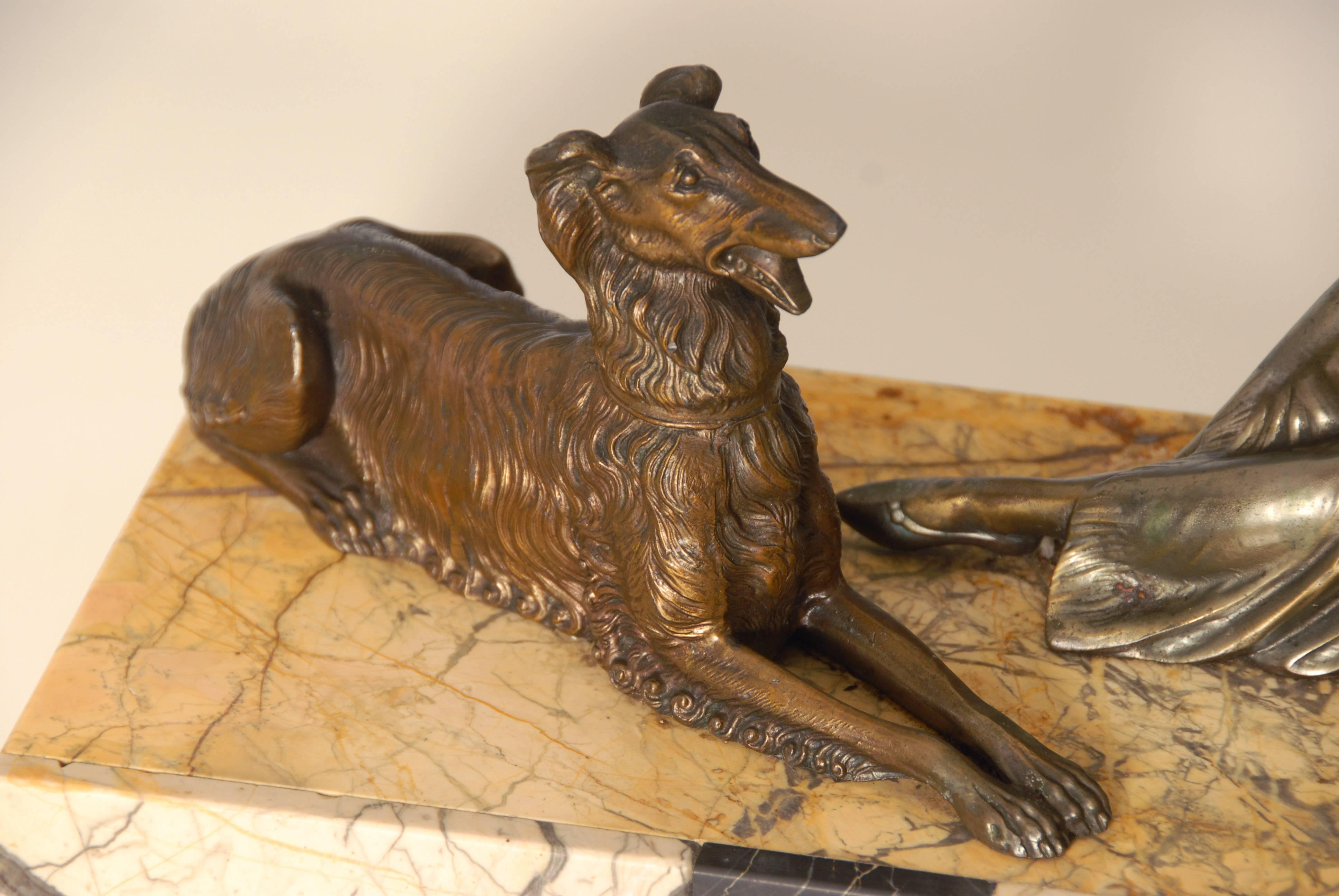 20th Century Art Deco Sculpture / Centrepiece of a Female Figure with Two Dogs For Sale