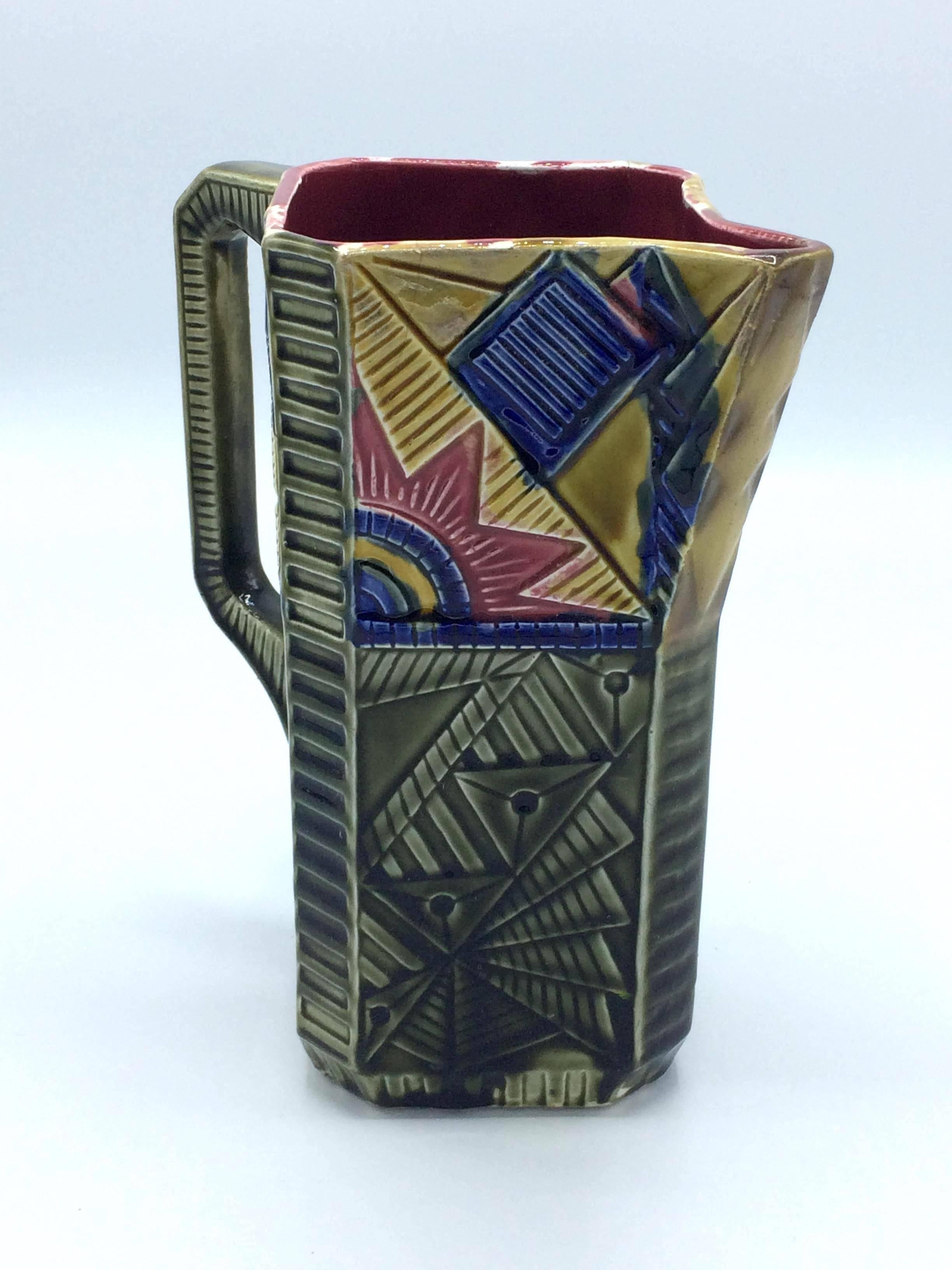 French Art Deco Majolica Pitcher by Frie Onnaing, France For Sale