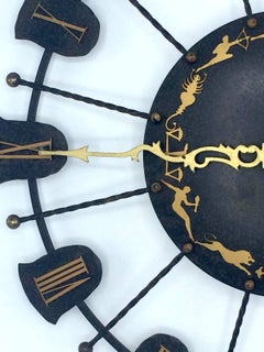 1940s Wrought Iron Junghans Wind Up Wall Clock, Zodiac Themed
