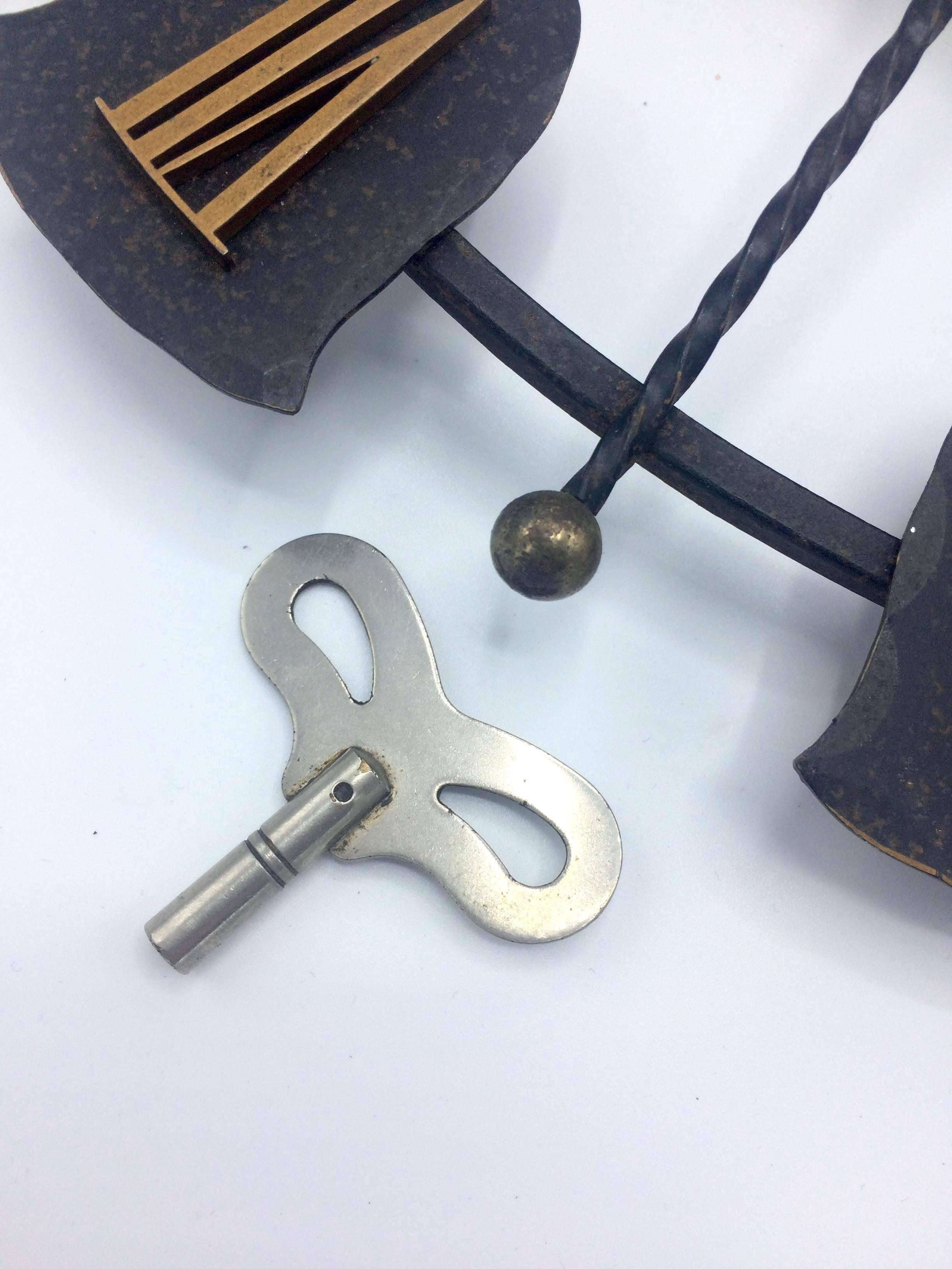 20th Century 1940s Wrought Iron Junghans Wind Up Wall Clock, Zodiac Themed For Sale