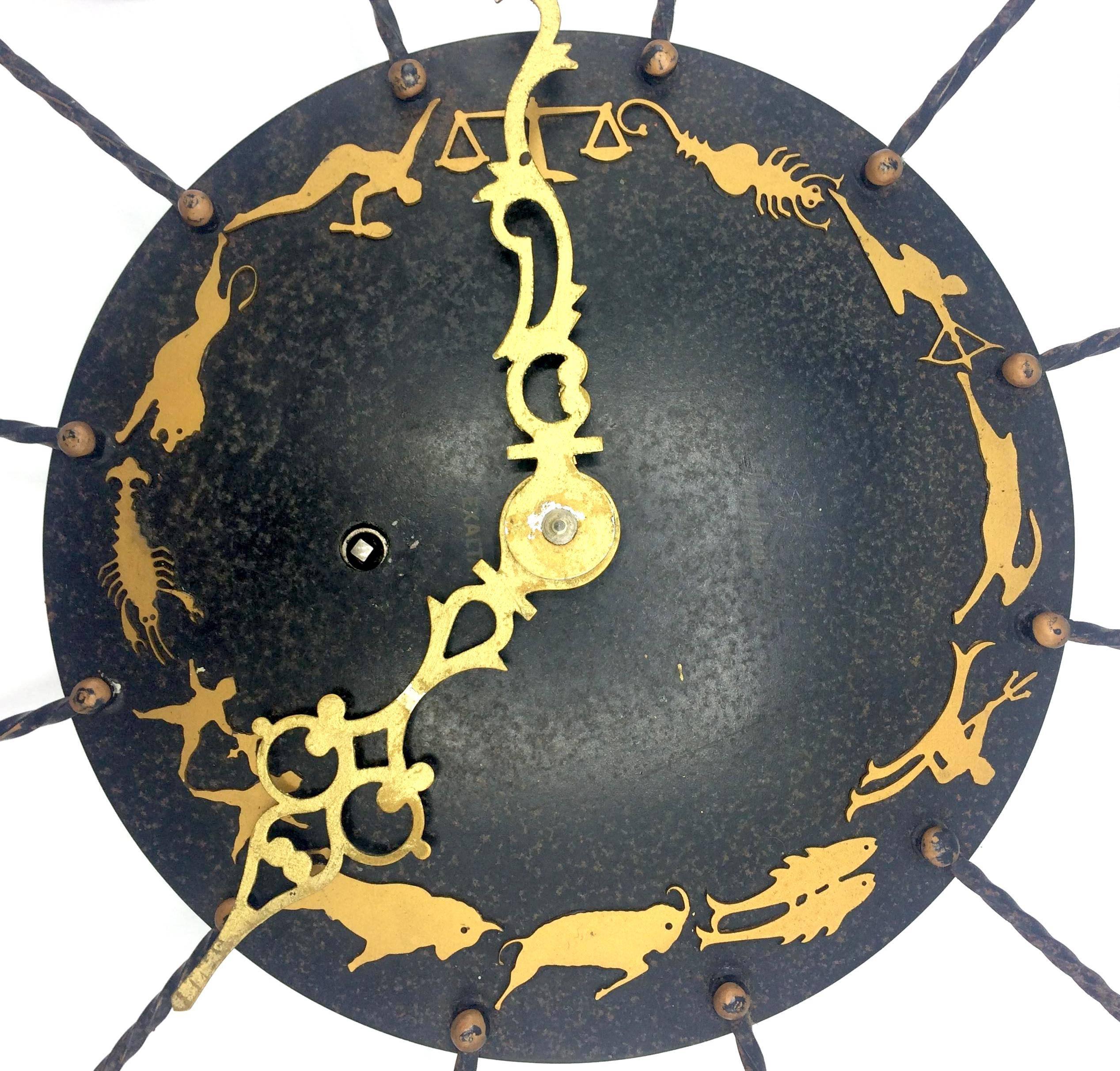 1940s Wrought Iron Junghans Wind Up Wall Clock, Zodiac Themed In Fair Condition For Sale In Gent, BE
