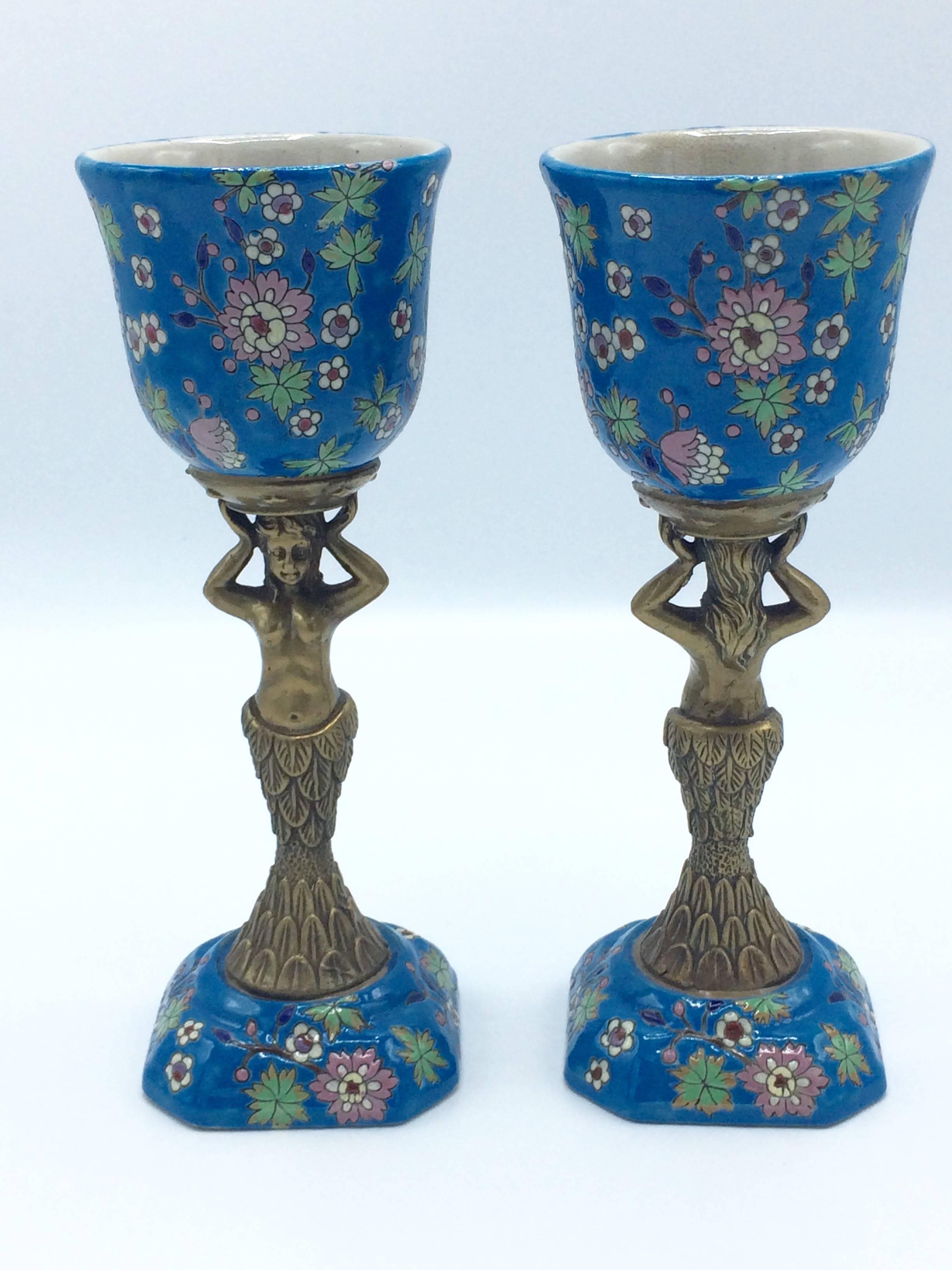 Mid-Century Modern French Émaux De Longwy Midcentury Mermaid Chalices For Sale