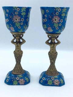 French Émaux De Longwy Midcentury Mermaid Chalices