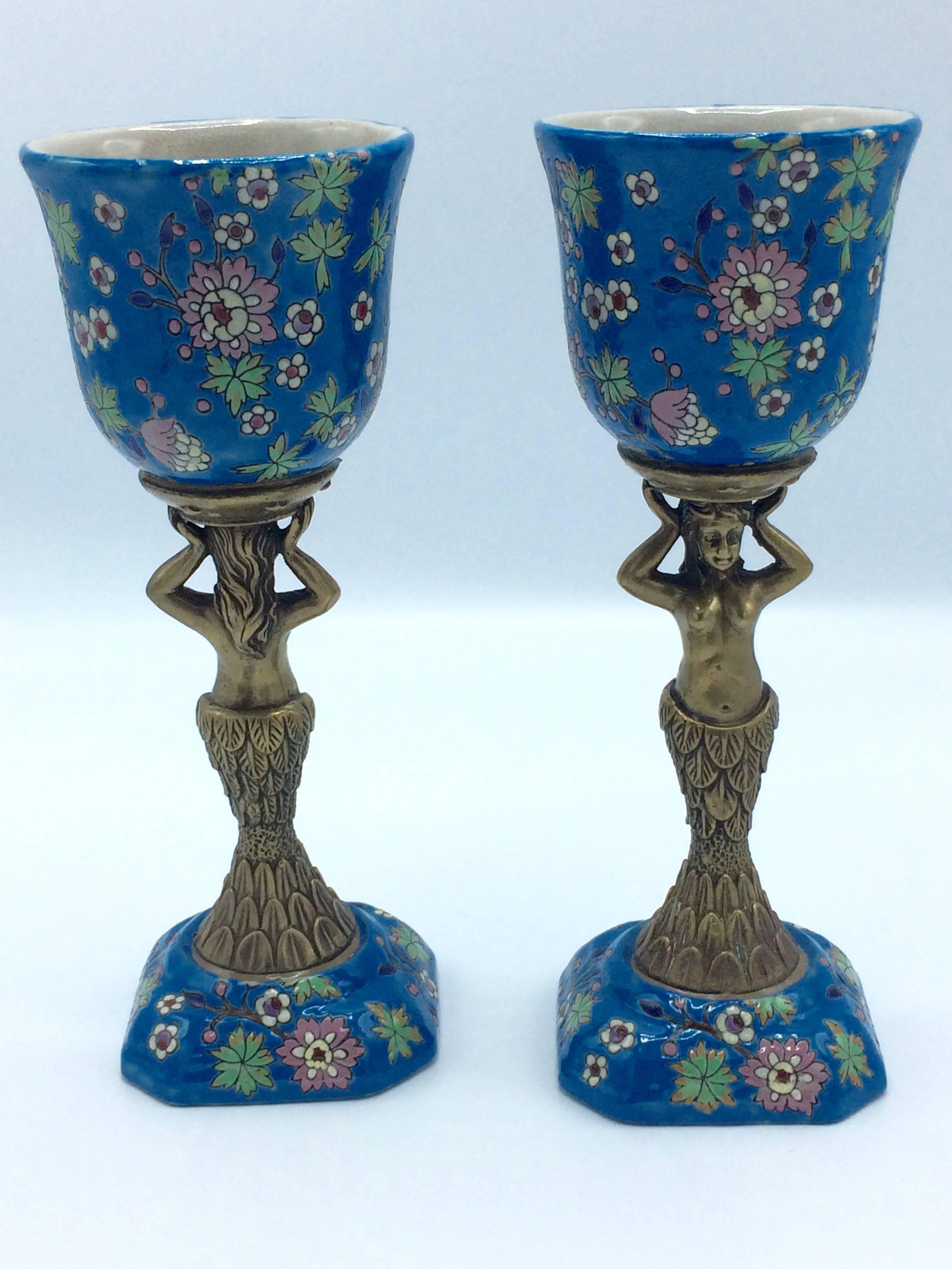 Hand-Painted French Émaux De Longwy Midcentury Mermaid Chalices For Sale