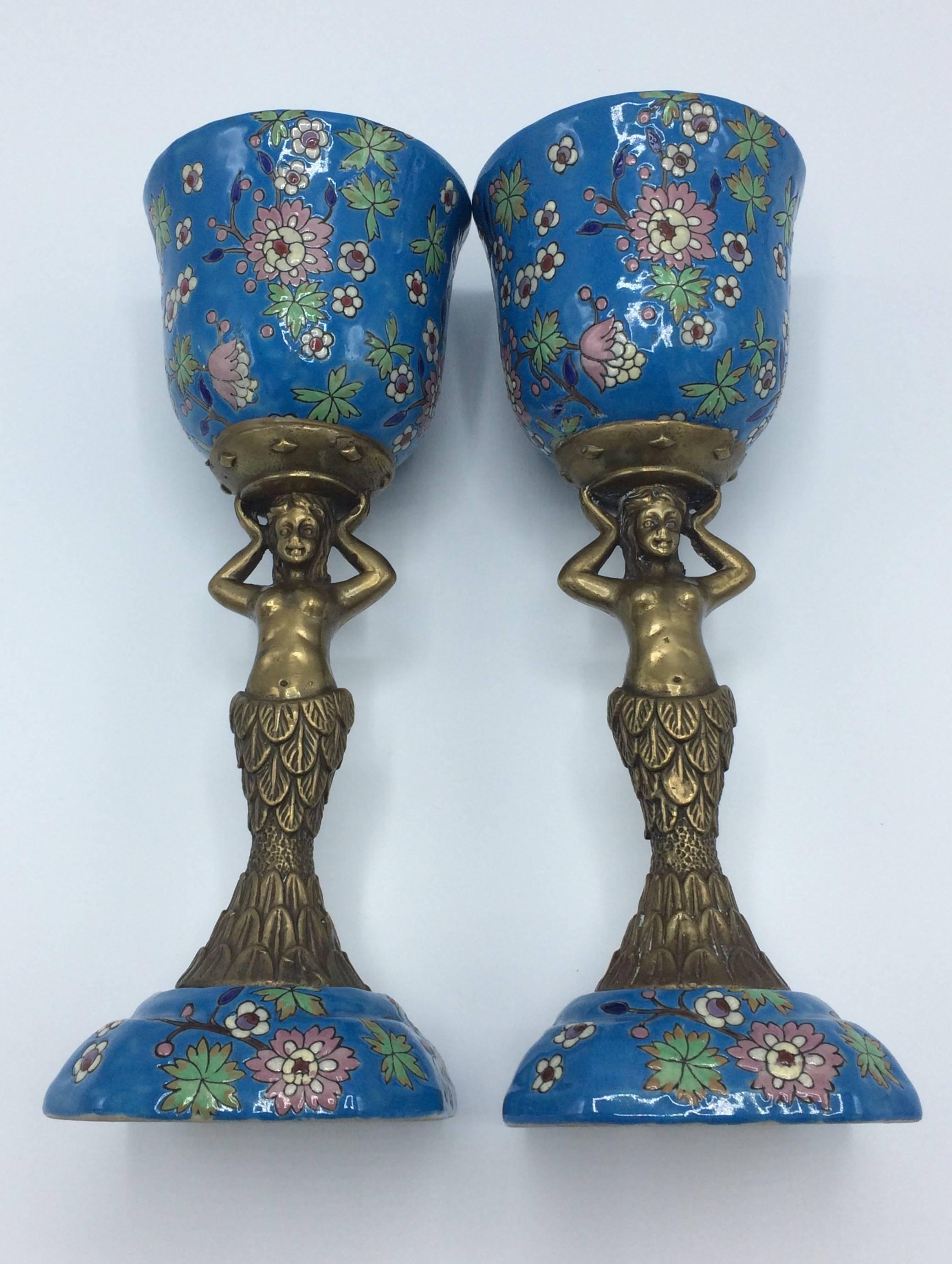 French Émaux De Longwy Midcentury Mermaid Chalices For Sale 2