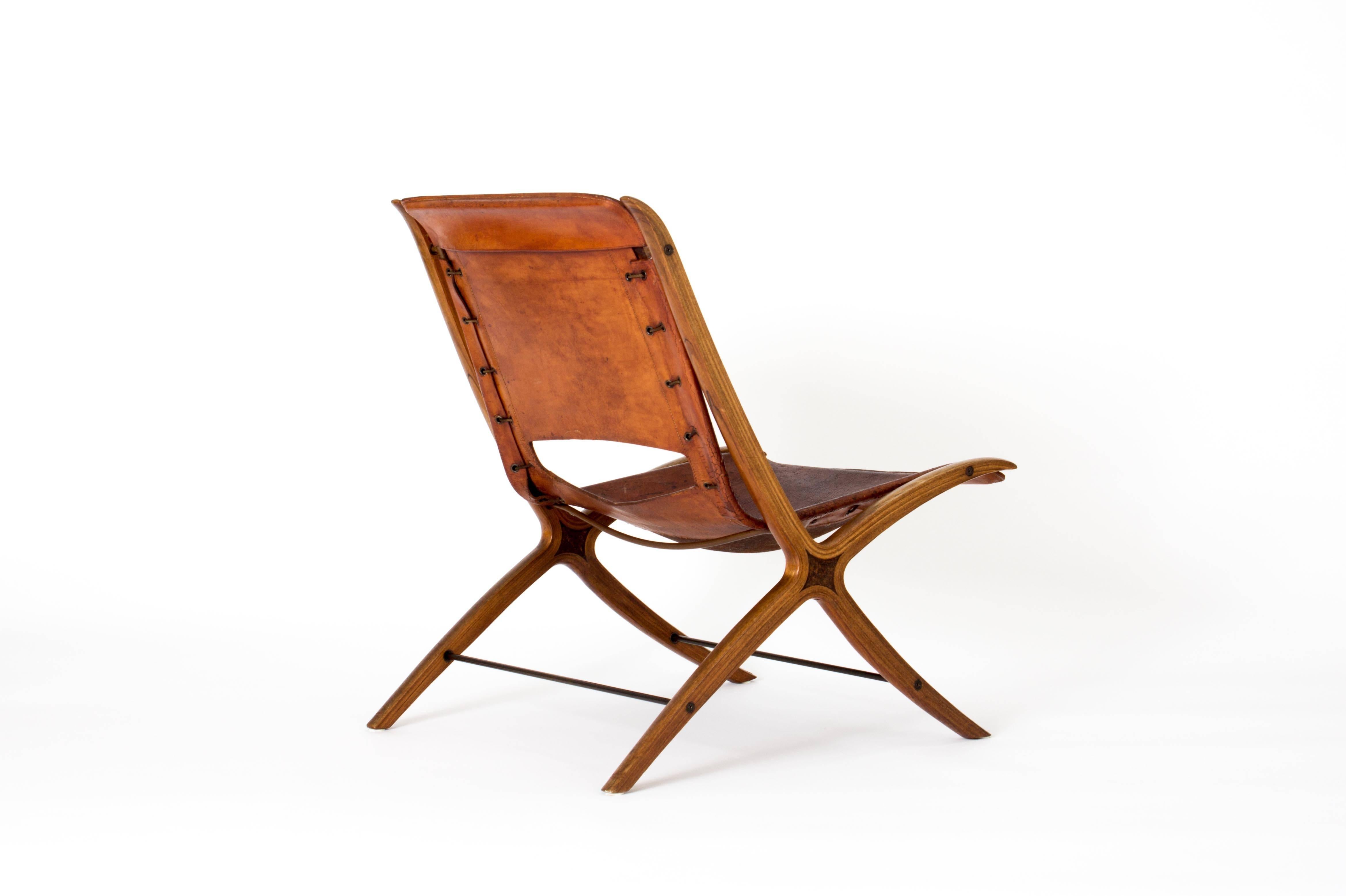 X-Chair by Peter Hvidt & Orla Mølgaard-Nielsen in Cognac Leather, Denmark, 1950s In Distressed Condition In Utrecht, NL