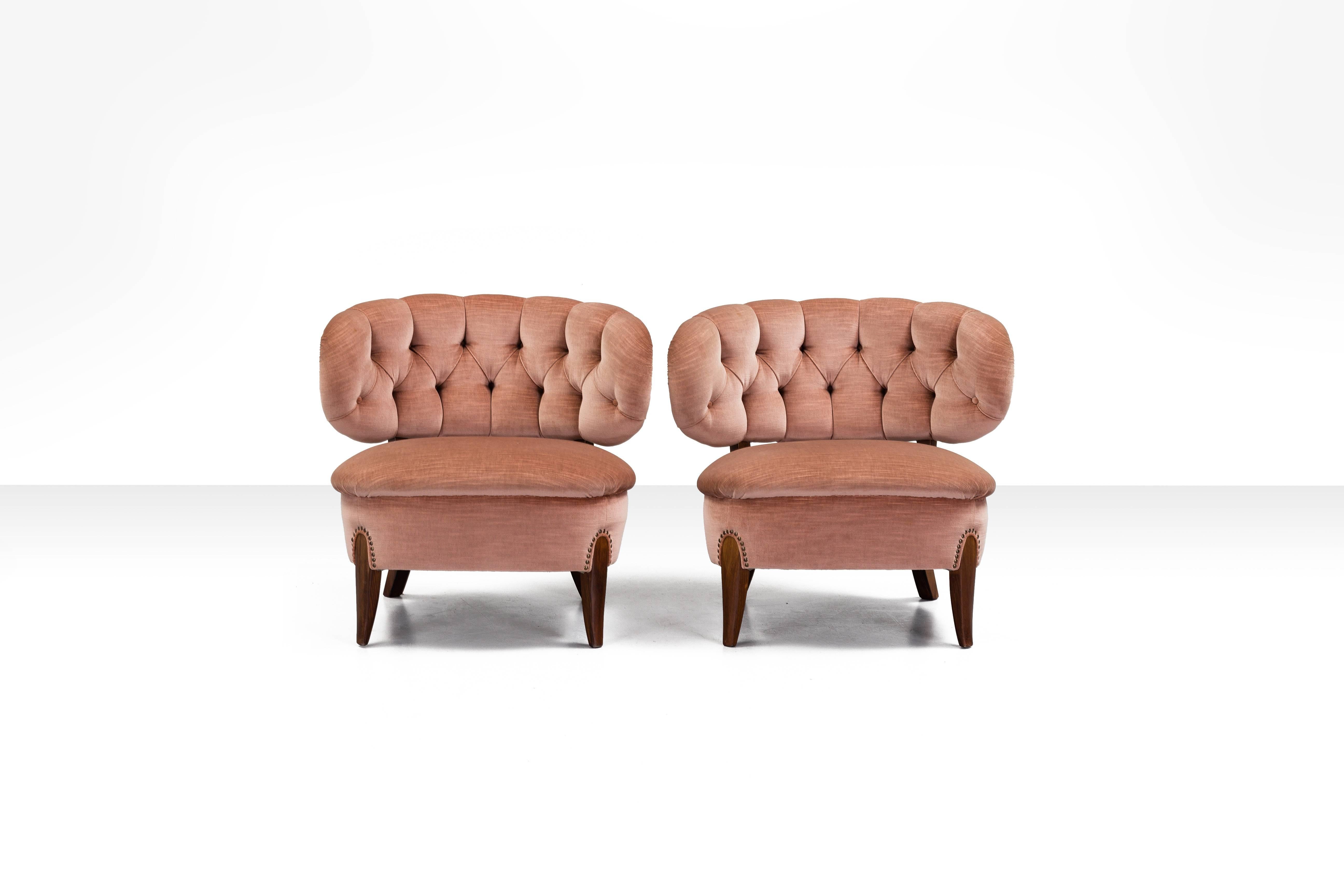 Swedish Pair of Scandinavian Modern Pink Velvet Easy Chairs by Otto Schulz, 1950s