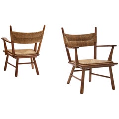 Midcentury Armchairs in Solid Oak and Straw by Bas Van Pelt, Holland, 1940s