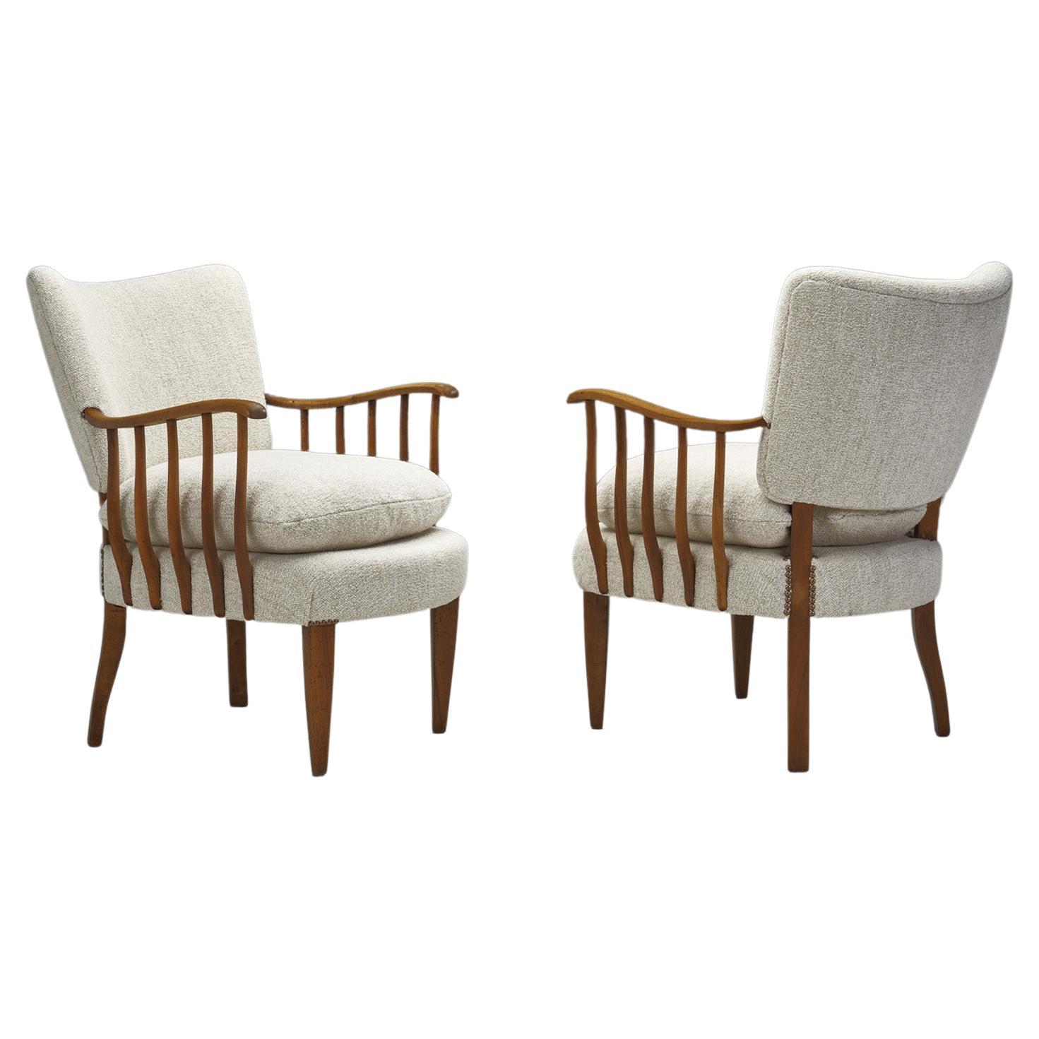 Pair of Armchairs with Wooden Spindle Sides, Europe Ca 1950s For Sale