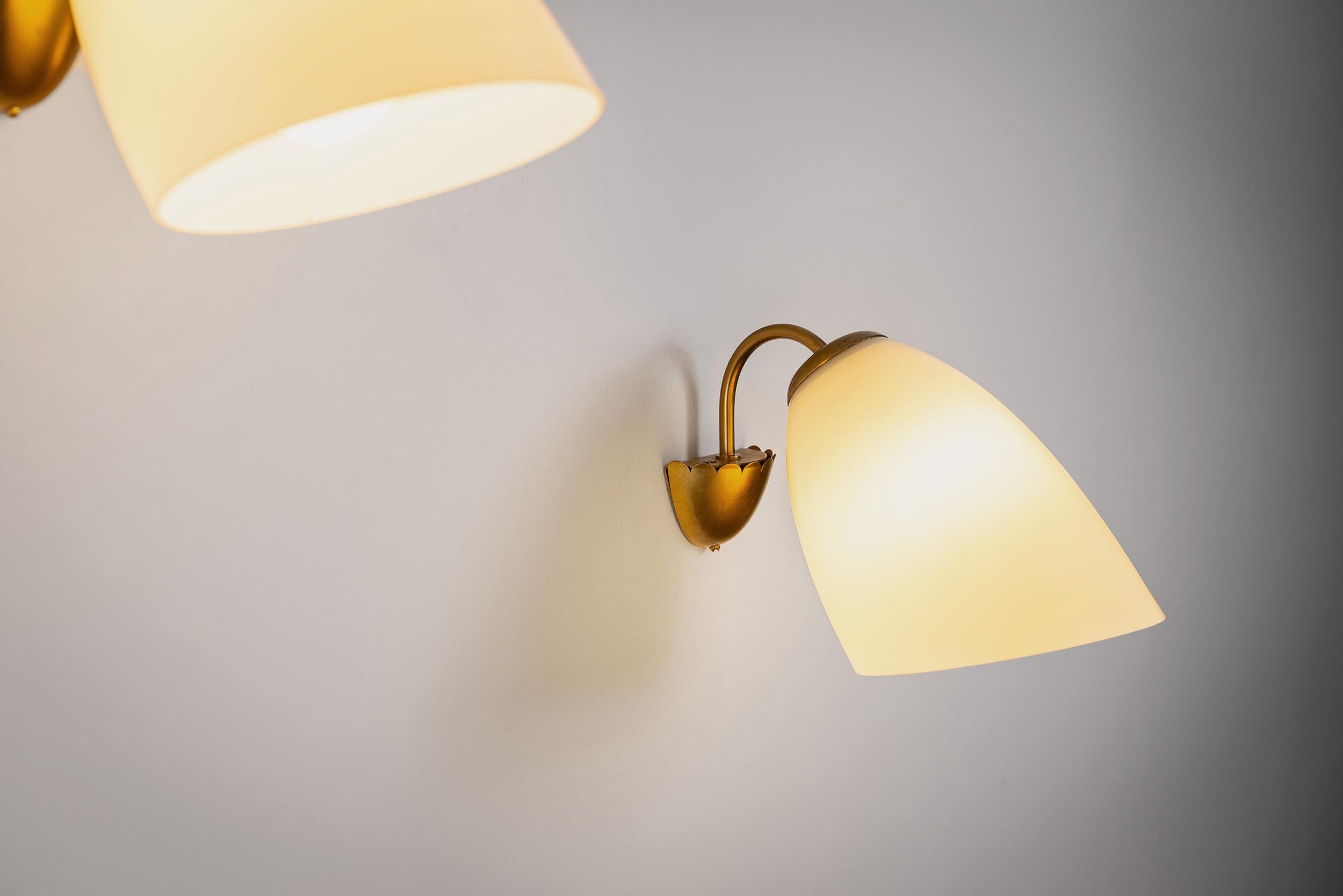 A Pair of Brass and Opal Glass Wall Lamps, Finland ca 1960s 2