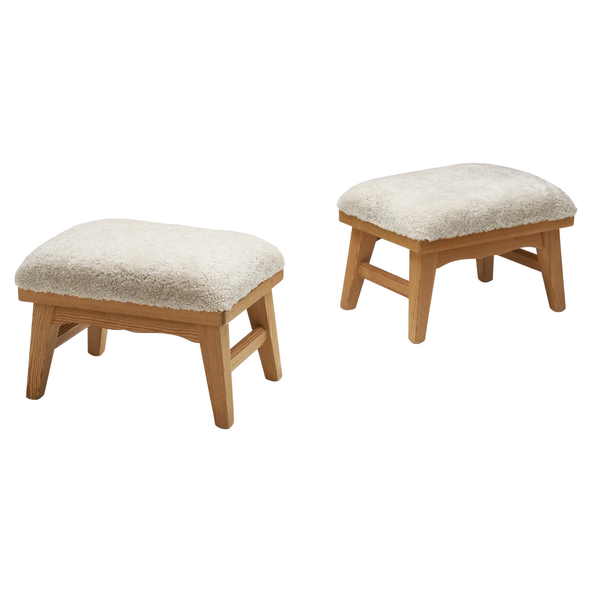 Pair of Stools by Krogenæs with Sheepskin Seats, Norway 20th Century