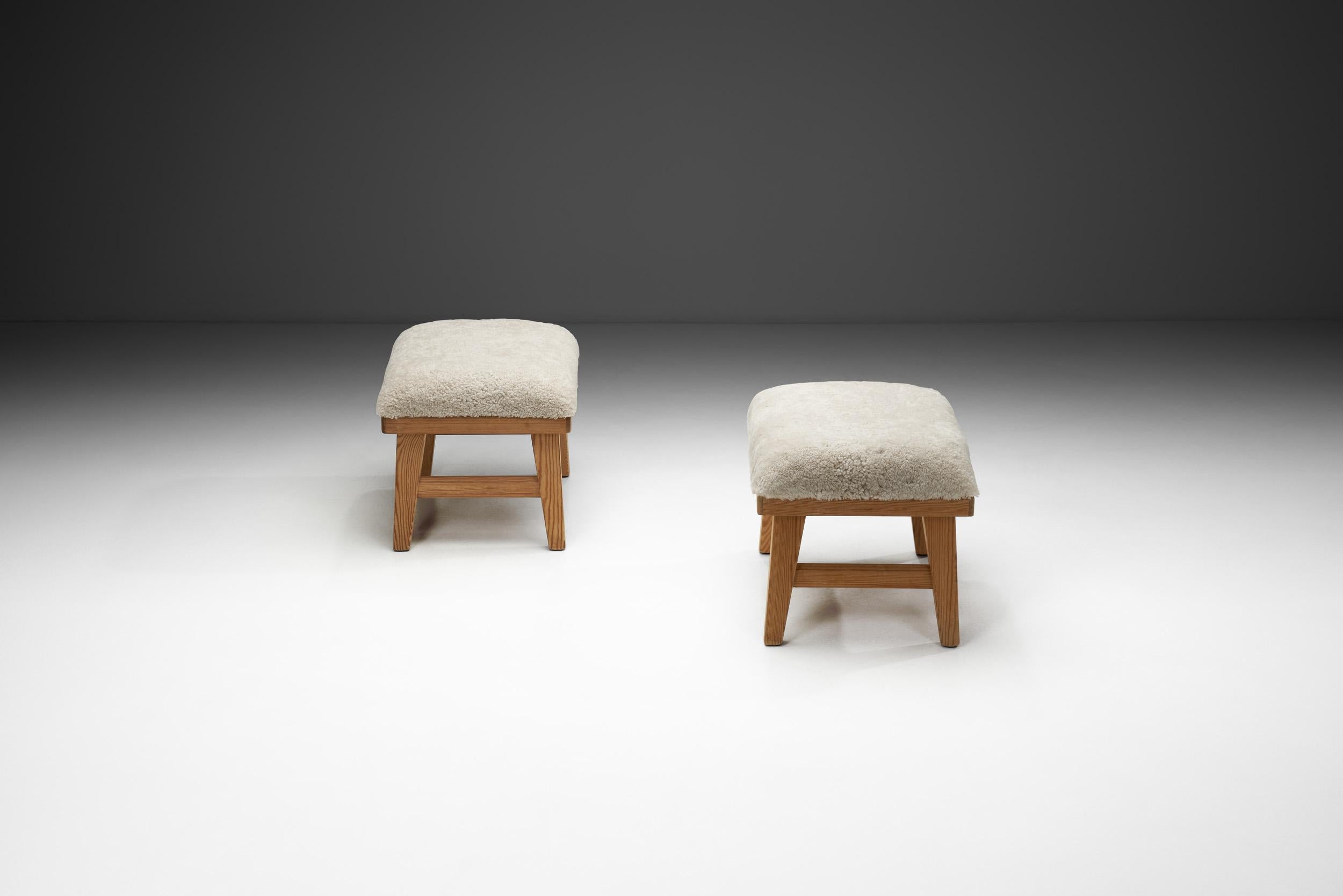 Norwegian Pair of Stools by Krogenæs with Sheepskin Seats, Norway 20th Century For Sale