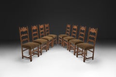 Set of Eight Oak Dining Chairs with Green Mohair Upholstery, Europe 1960s